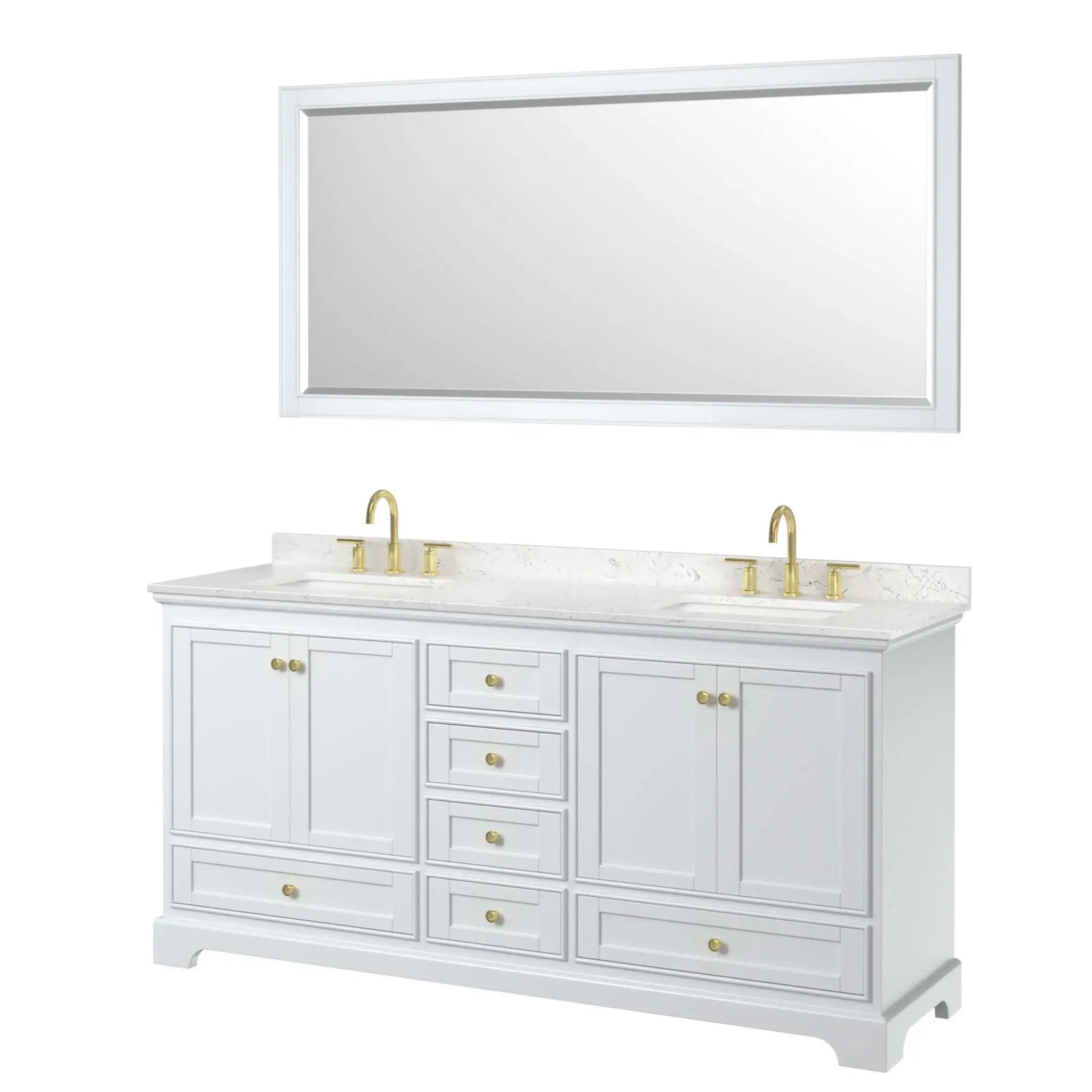 72" Deborah Double Bathroom Vanity in White with Brushed Gold Trim & 70" Mirror by Wyndham