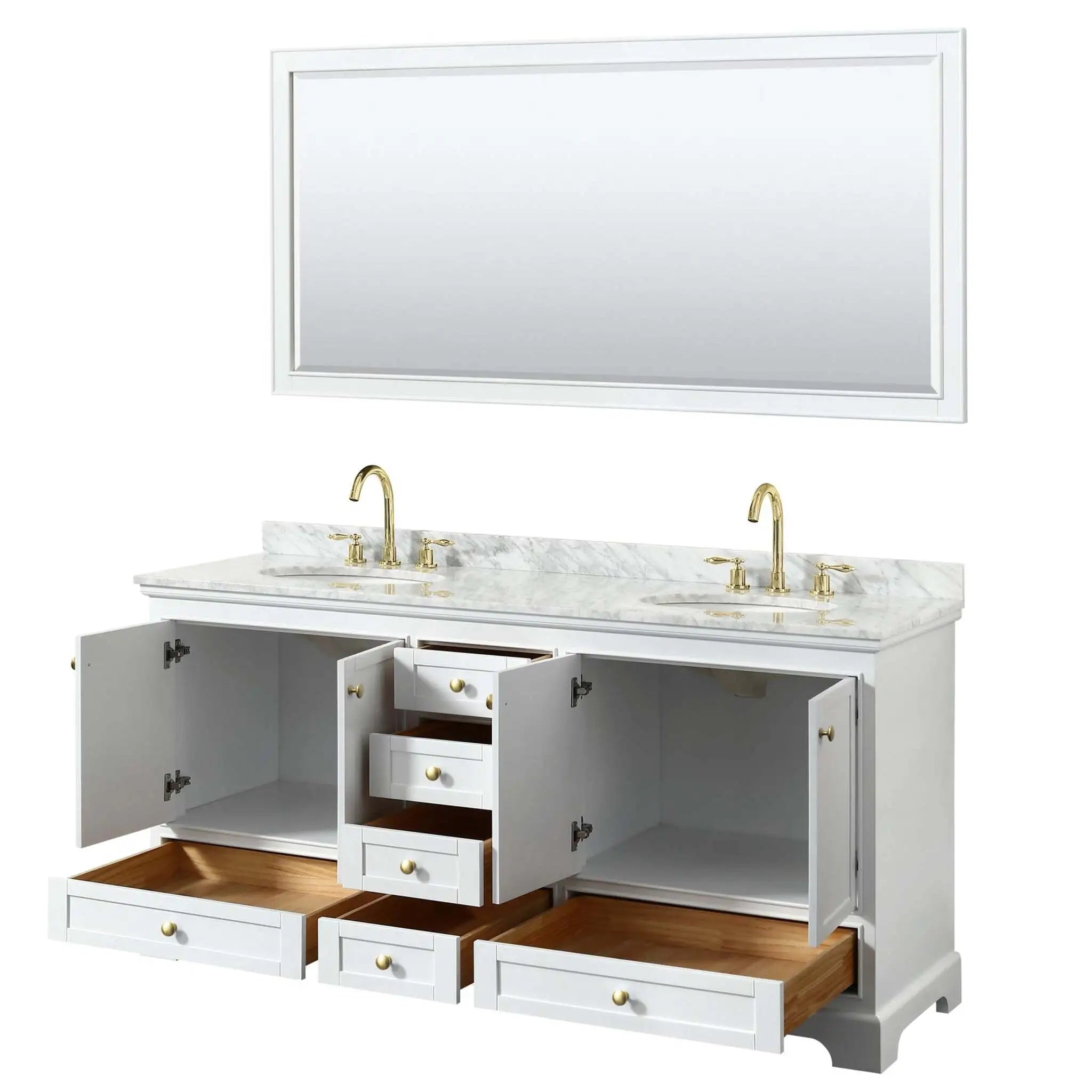 72" Deborah Double Bathroom Vanity in White with Brushed Gold Trim & 70" Mirror by Wyndham