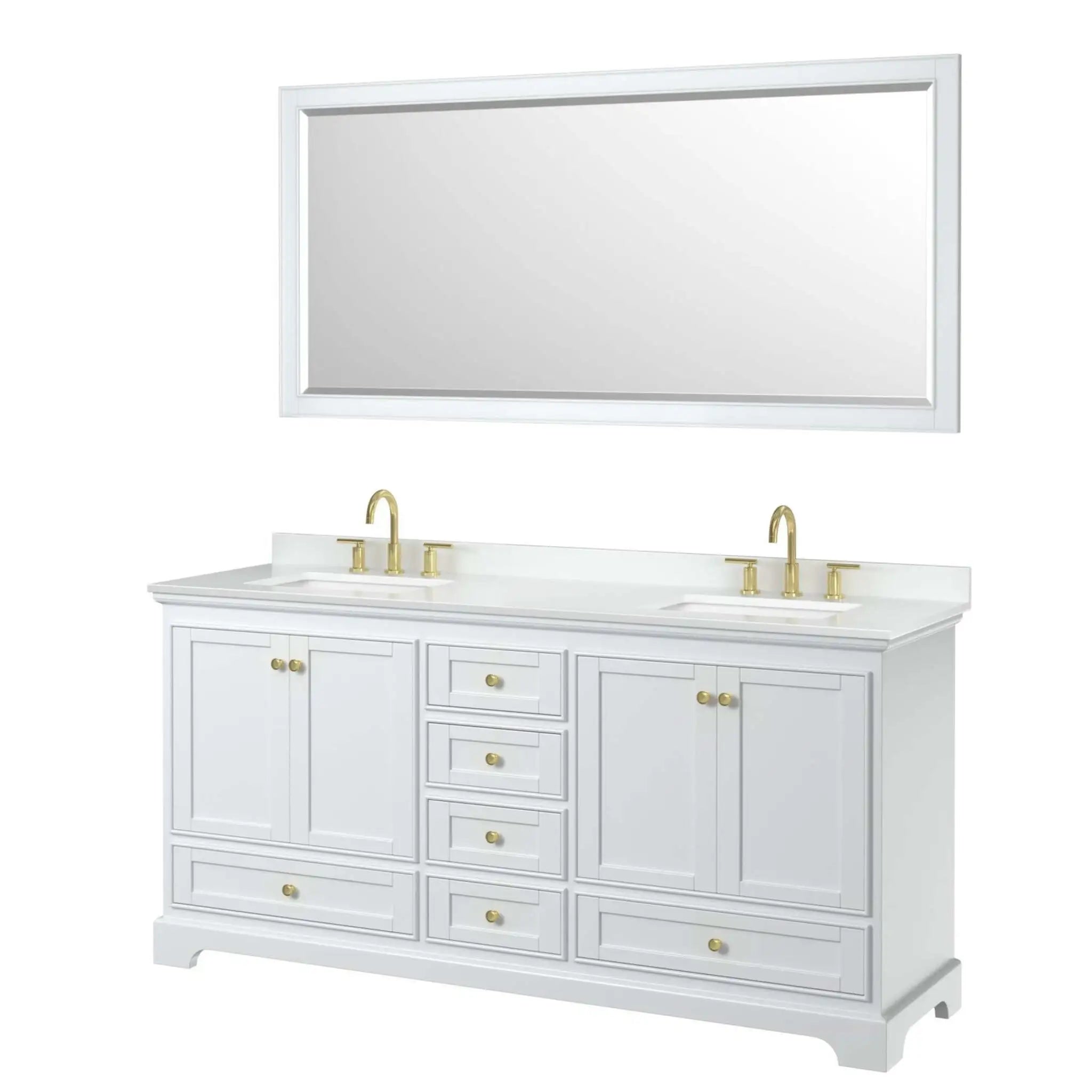 72" Deborah Double Bathroom Vanity in White with Brushed Gold Trim & 70" Mirror by Wyndham