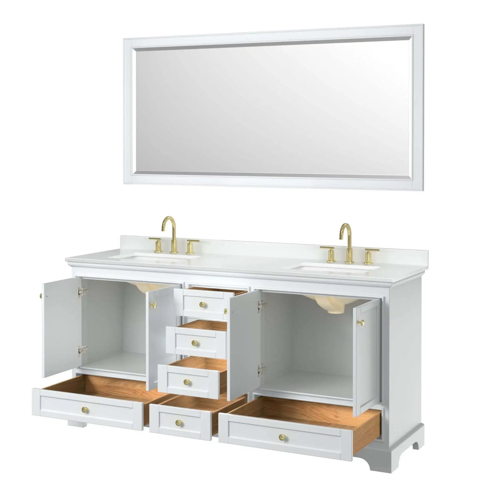 72" Deborah Double Bathroom Vanity in White with Brushed Gold Trim & 70" Mirror by Wyndham
