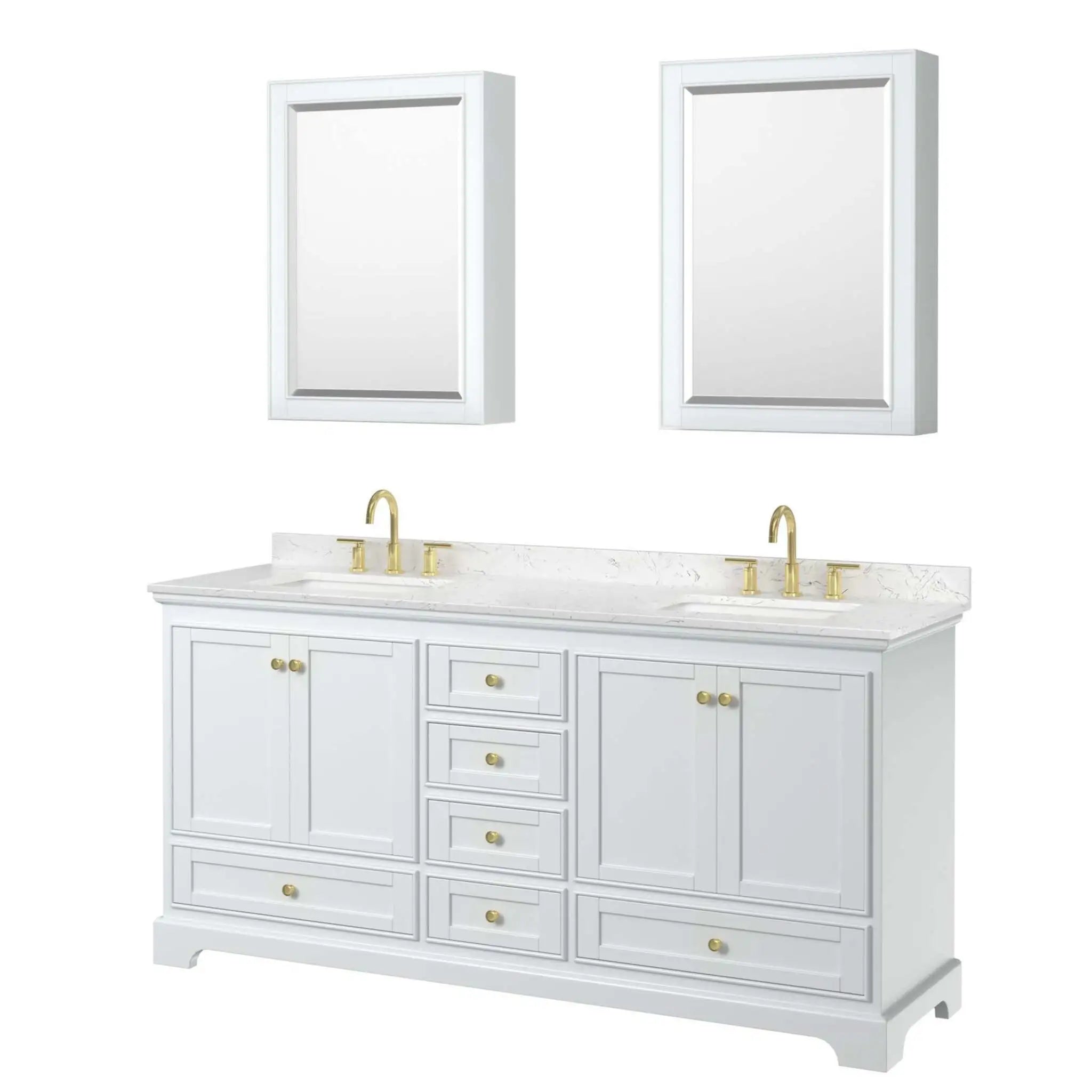 72" Deborah Double Bathroom Vanity in White with Brushed Gold Trim & Medicine Cabinet by Wyndham