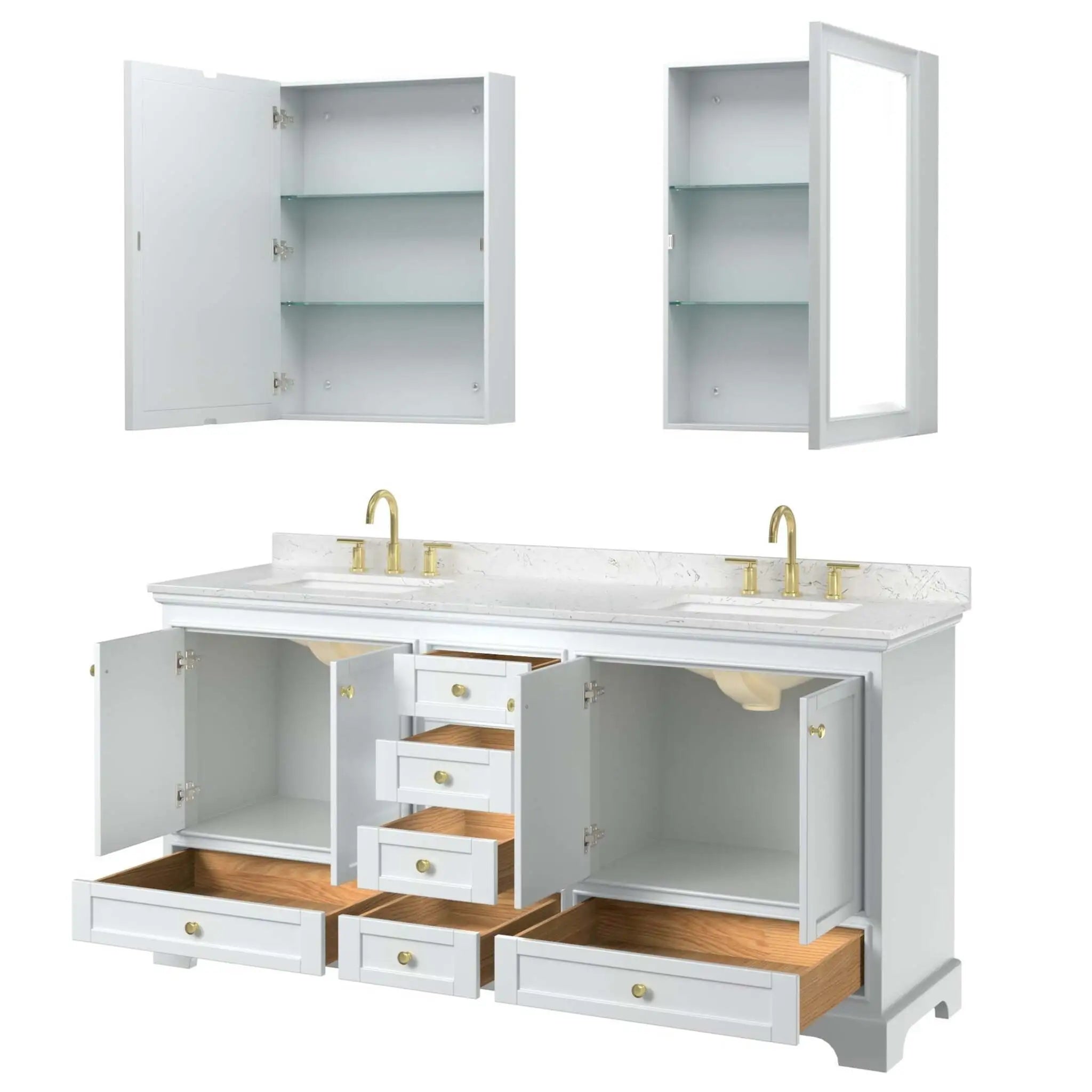 72" Deborah Double Bathroom Vanity in White with Brushed Gold Trim & Medicine Cabinet by Wyndham