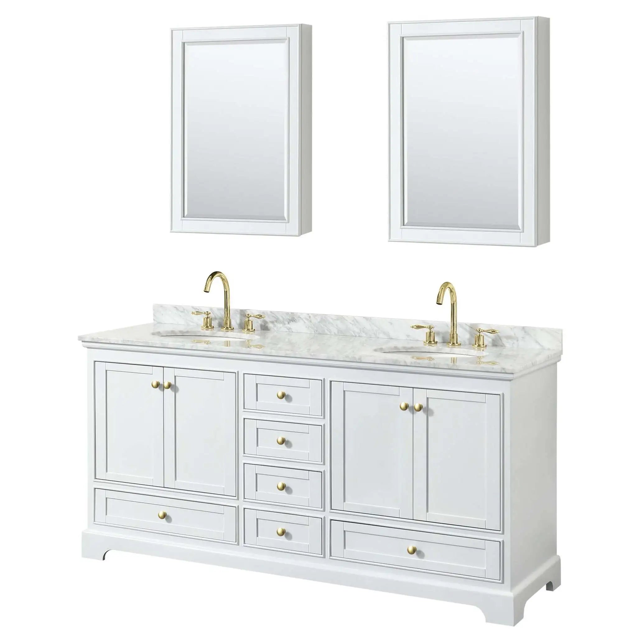 72" Deborah Double Bathroom Vanity in White with Brushed Gold Trim & Medicine Cabinet by Wyndham