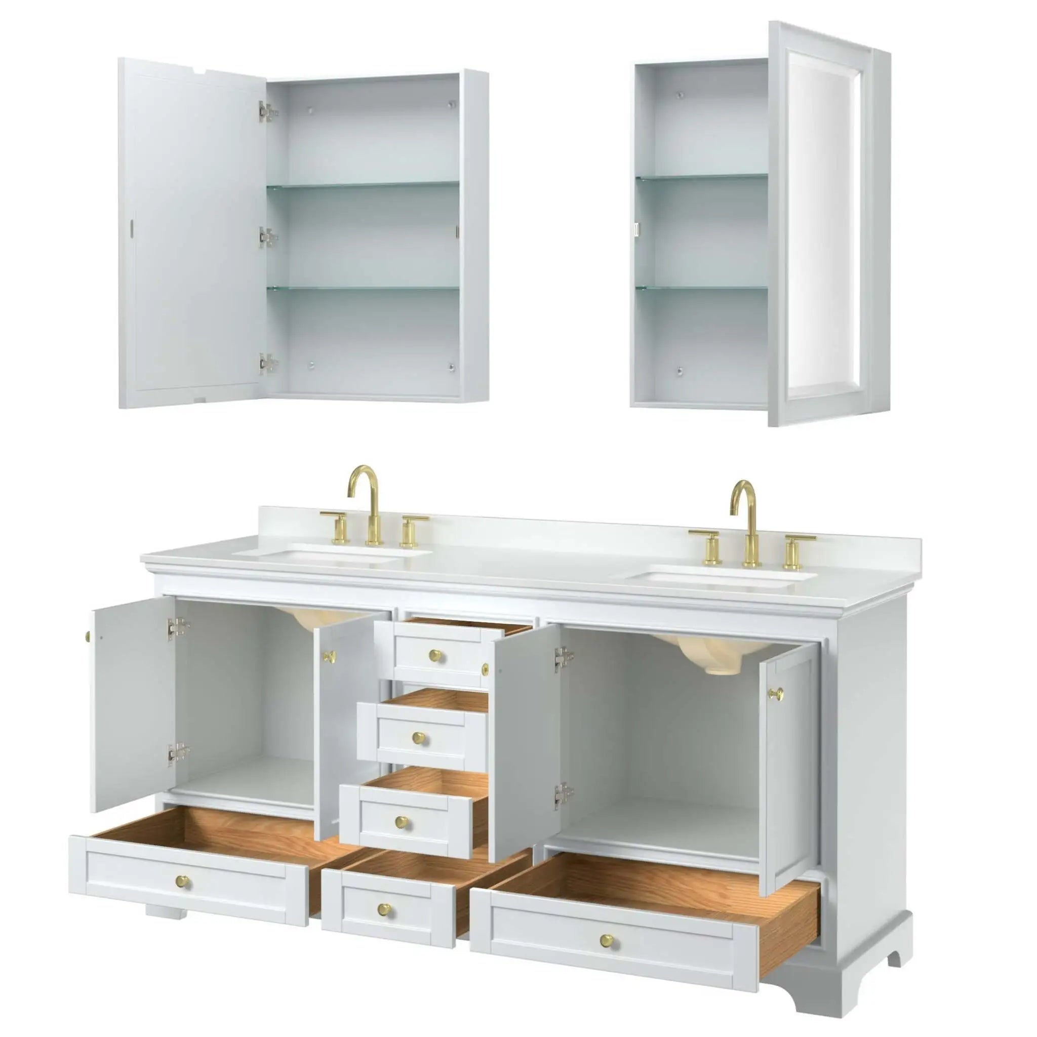 72" Deborah Double Bathroom Vanity in White with Brushed Gold Trim & Medicine Cabinet by Wyndham