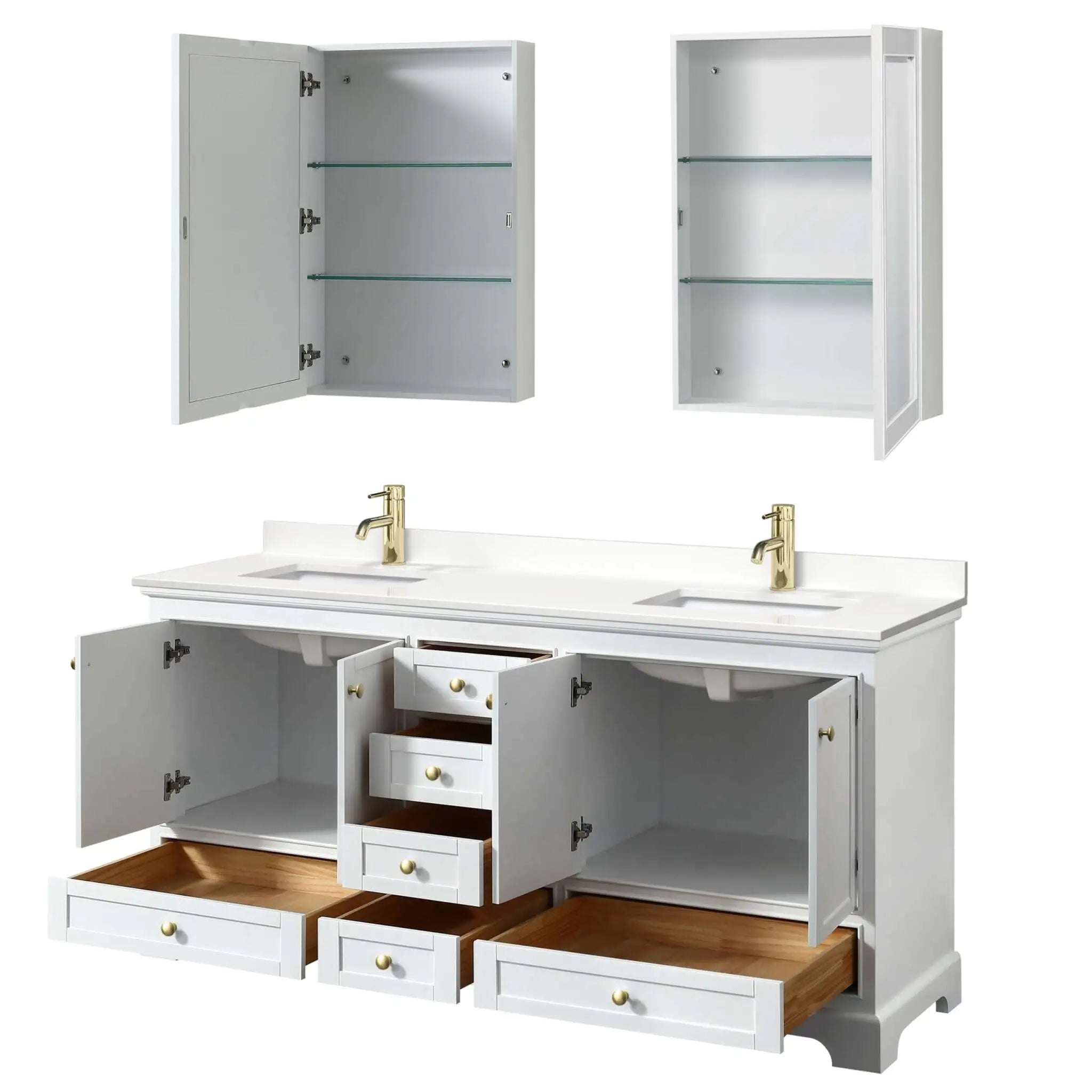 72" Deborah Double Bathroom Vanity in White with Brushed Gold Trim & Medicine Cabinet by Wyndham