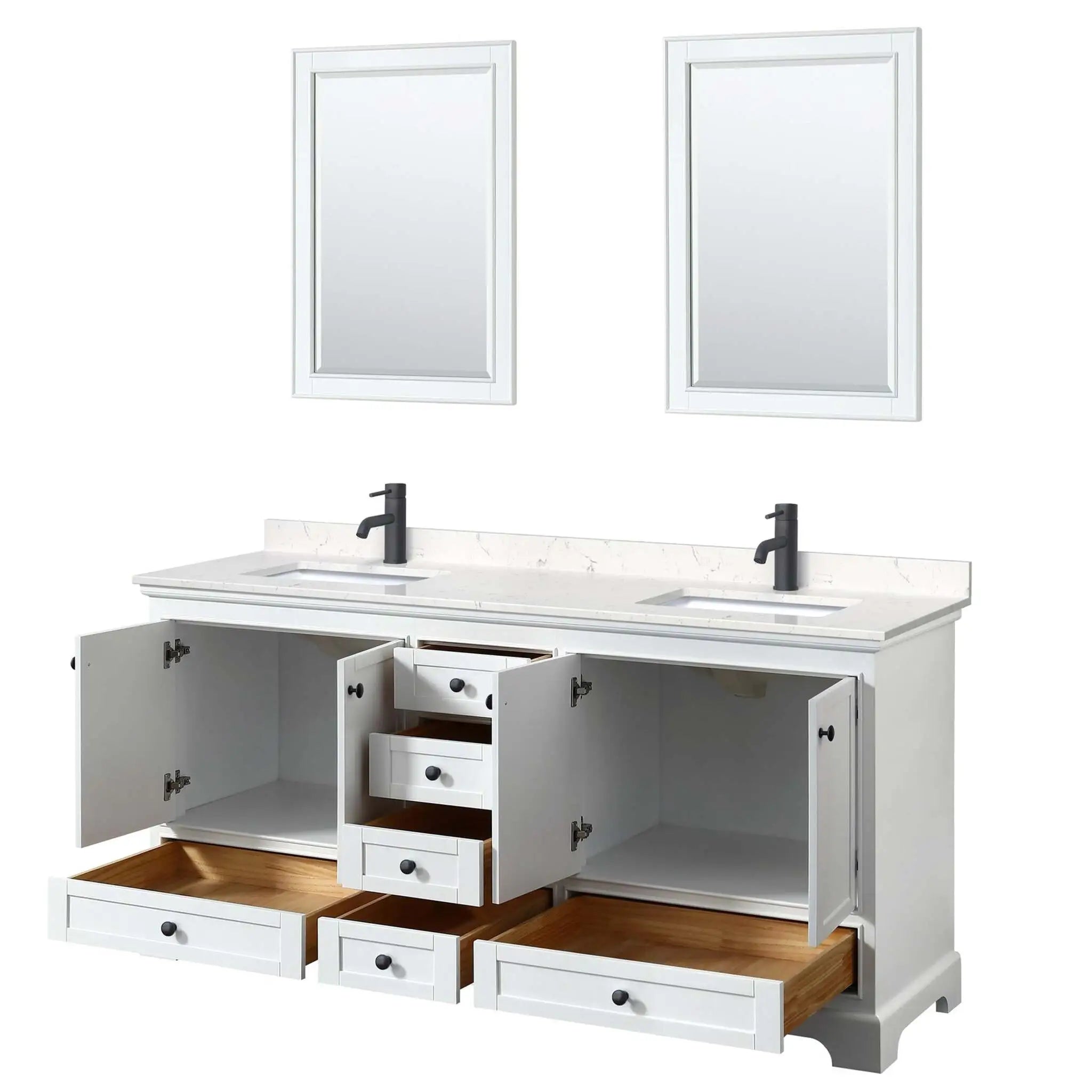 72" Deborah Double Bathroom Vanity in White with Matte Black Trim & 24" Mirror by Wyndham