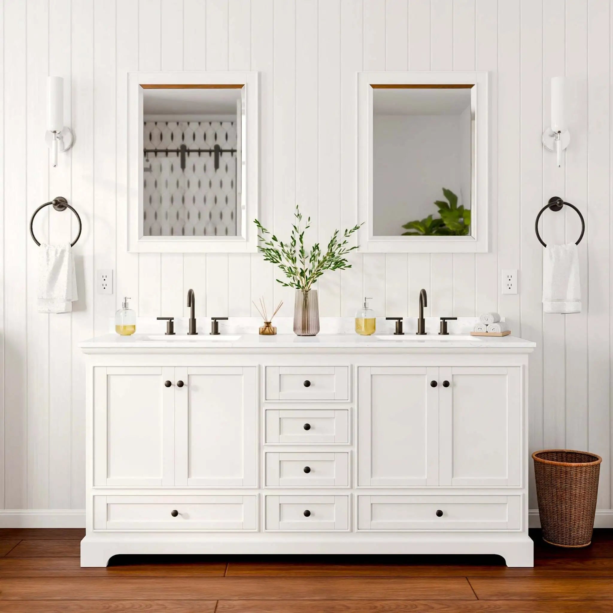 72" Deborah Double Bathroom Vanity in White with Matte Black Trim & 24" Mirror by Wyndham