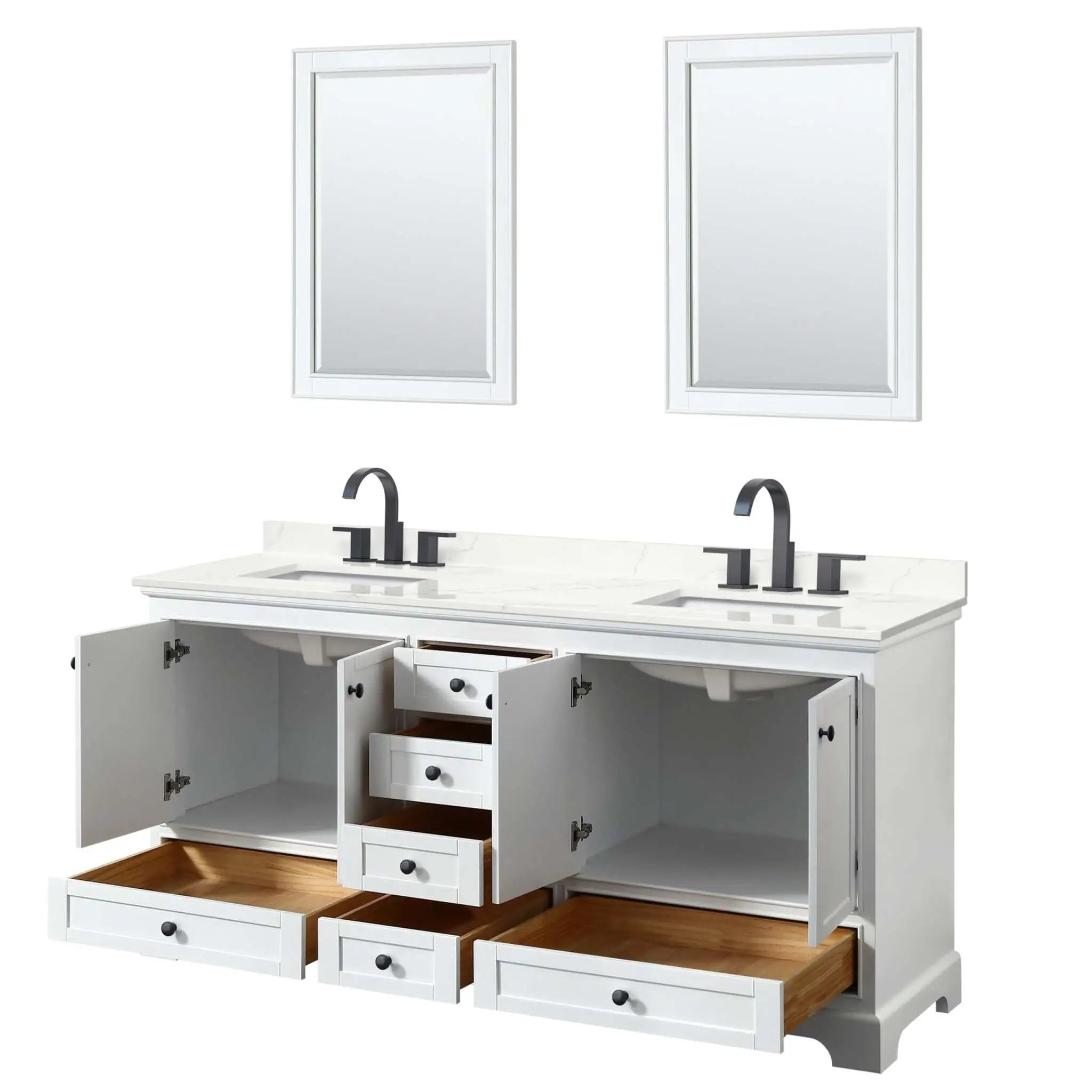 72" Deborah Double Bathroom Vanity in White with Matte Black Trim & 24" Mirror by Wyndham