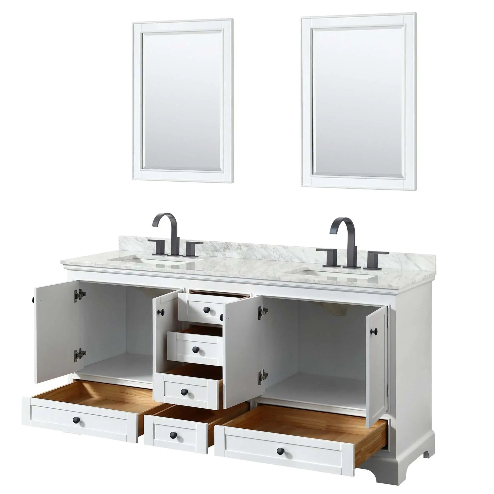 72" Deborah Double Bathroom Vanity in White with Matte Black Trim & 24" Mirror by Wyndham