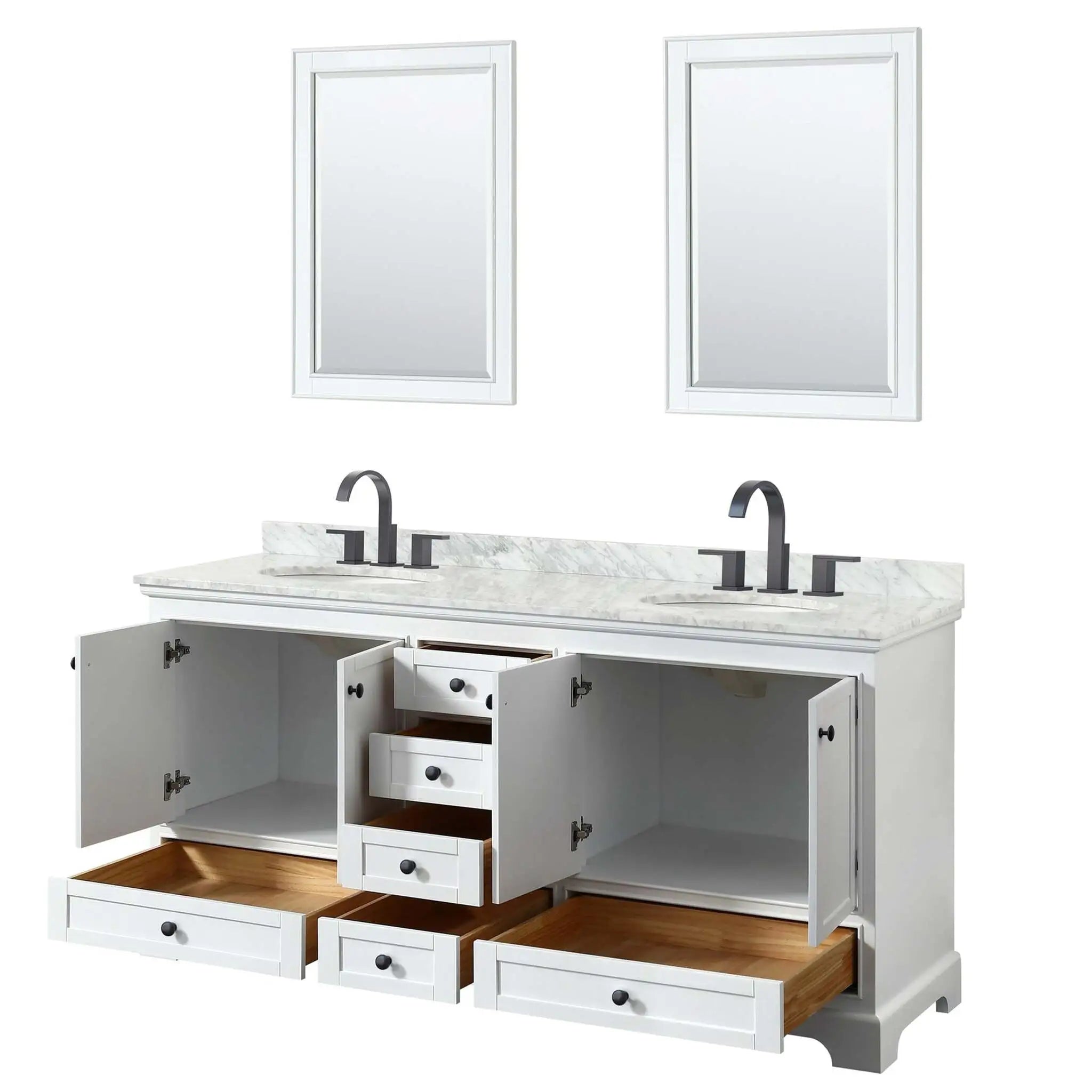 72" Deborah Double Bathroom Vanity in White with Matte Black Trim & 24" Mirror by Wyndham