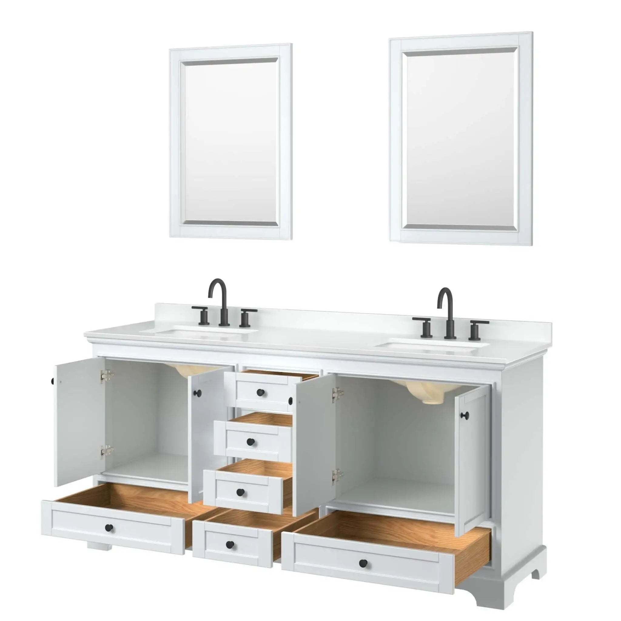 72" Deborah Double Bathroom Vanity in White with Matte Black Trim & 24" Mirror by Wyndham