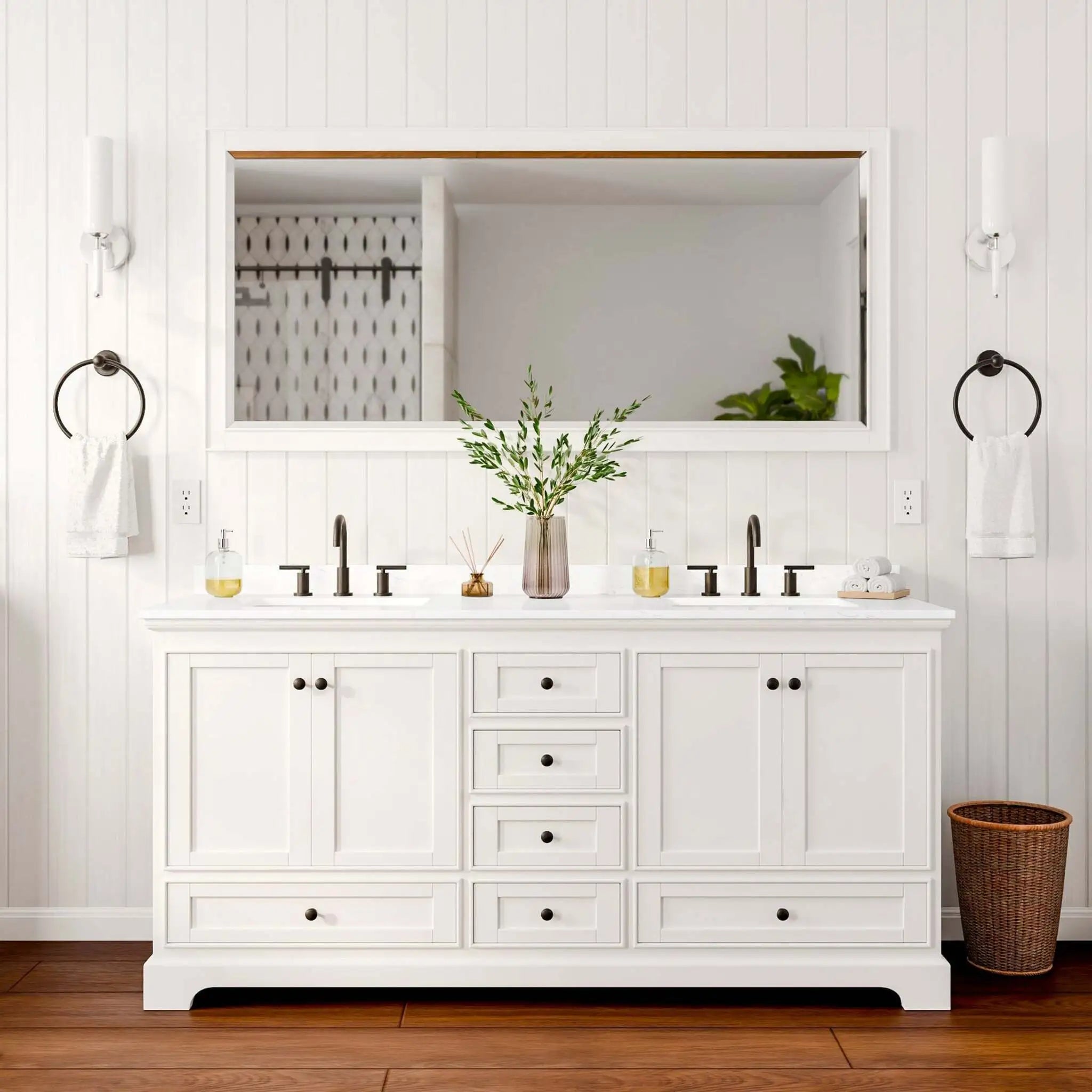 72" Deborah Double Bathroom Vanity in White with Matte Black Trim & 70" Mirror by Wyndham