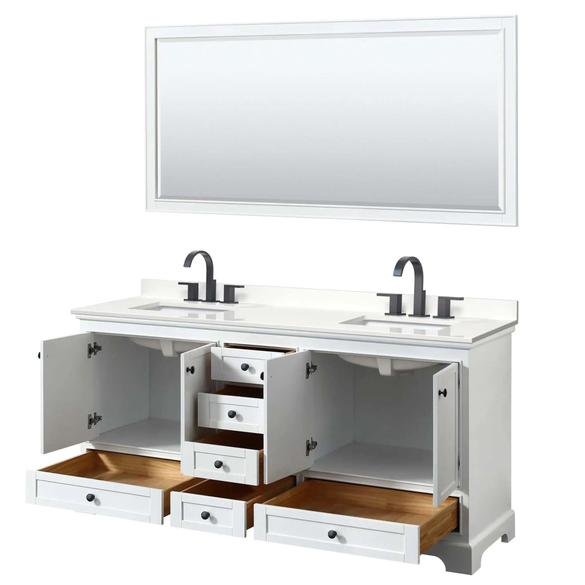 72" Deborah Double Bathroom Vanity in White with Matte Black Trim & 70" Mirror by Wyndham