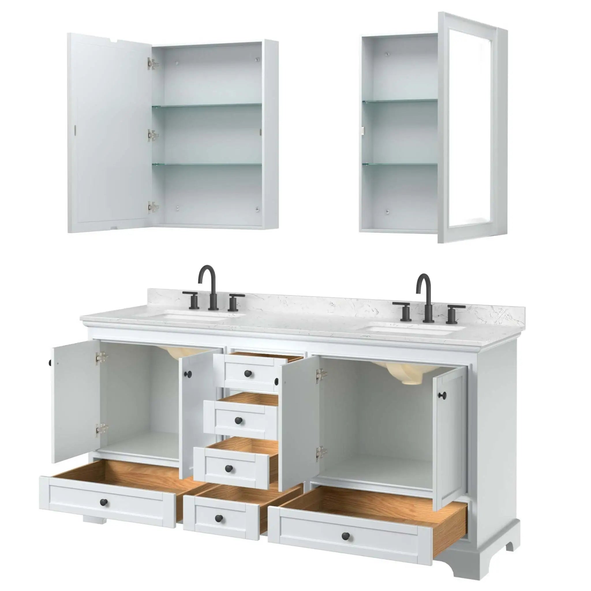 72" Deborah Double Bathroom Vanity in White with Matte Black Trim & Medicine Cabinet by Wyndham