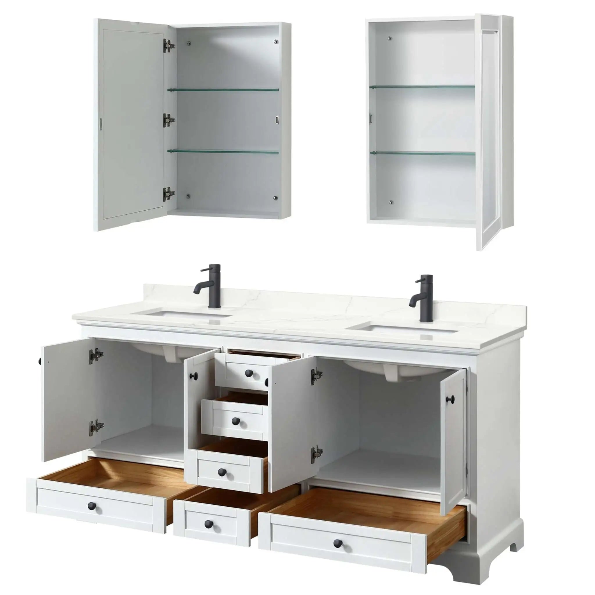 72" Deborah Double Bathroom Vanity in White with Matte Black Trim & Medicine Cabinet by Wyndham