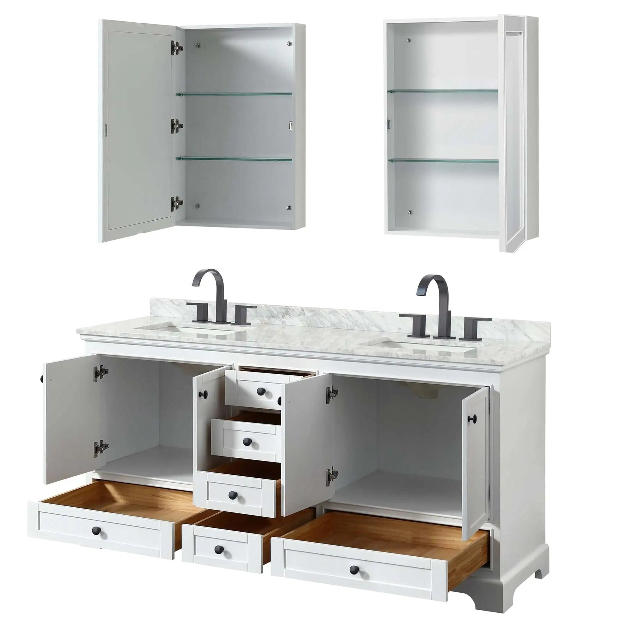 72" Deborah Double Bathroom Vanity in White with Matte Black Trim & Medicine Cabinet by Wyndham