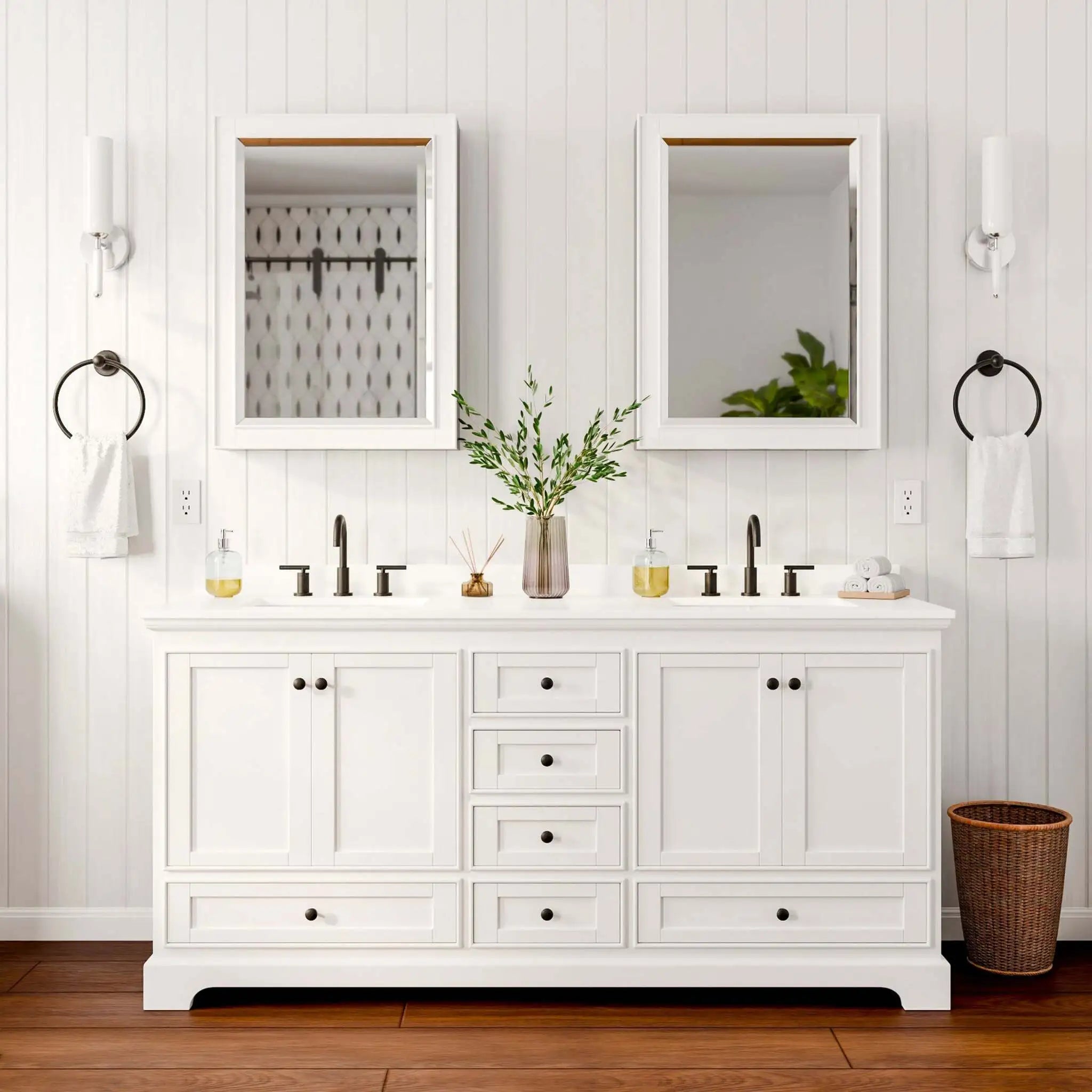 72" Deborah Double Bathroom Vanity in White with Matte Black Trim & Medicine Cabinet by Wyndham