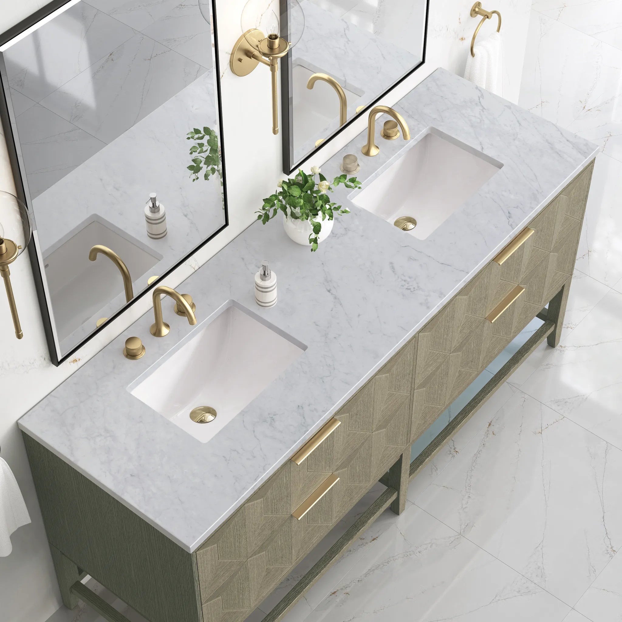 72" Emmeline Double Vanity in Pebble Oak-Carrara White Marble-8" Widespread image 5
