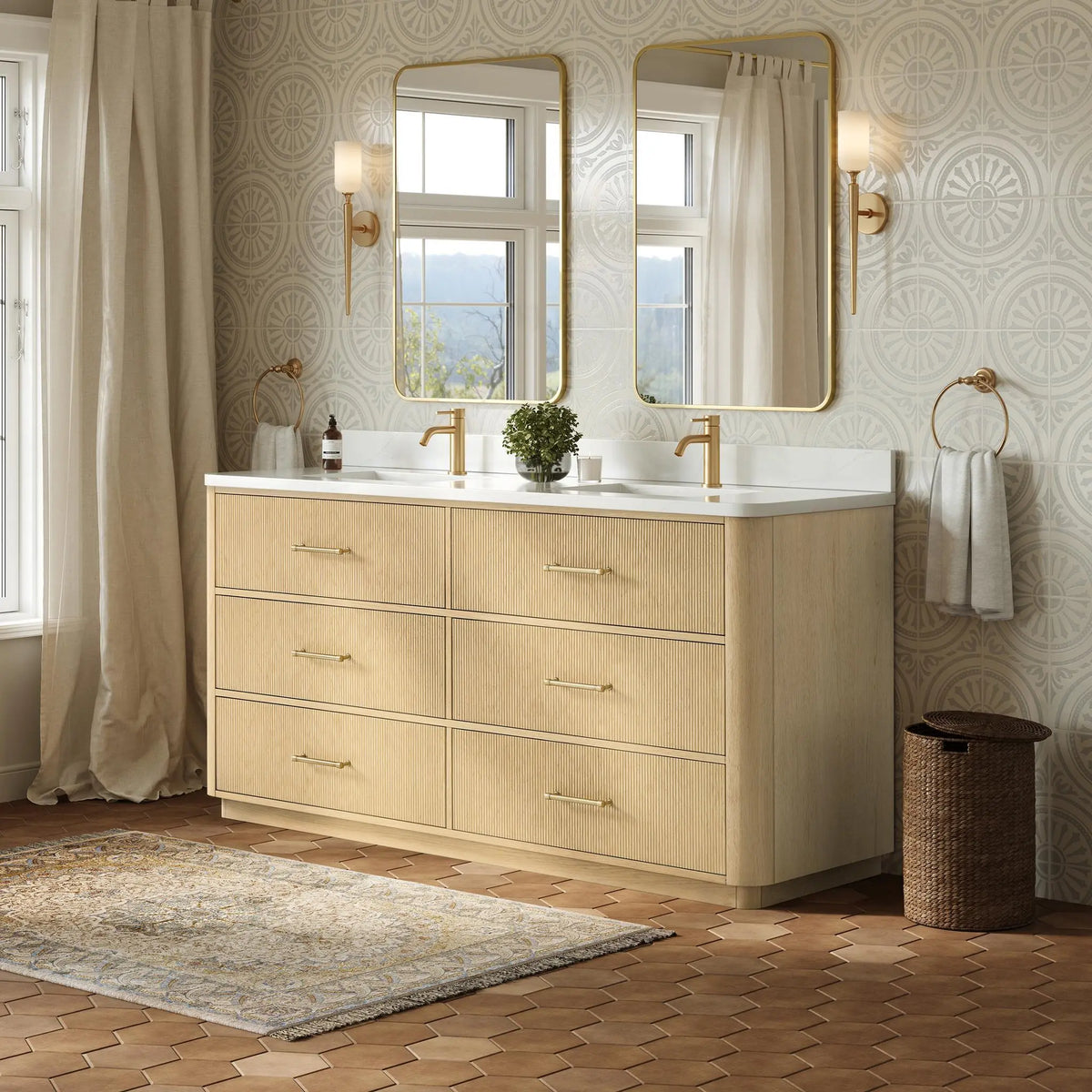 72" Francesca Double Bathroom Vanity Scandinavian Oak Satin Bronze Trim by wyndham View 2