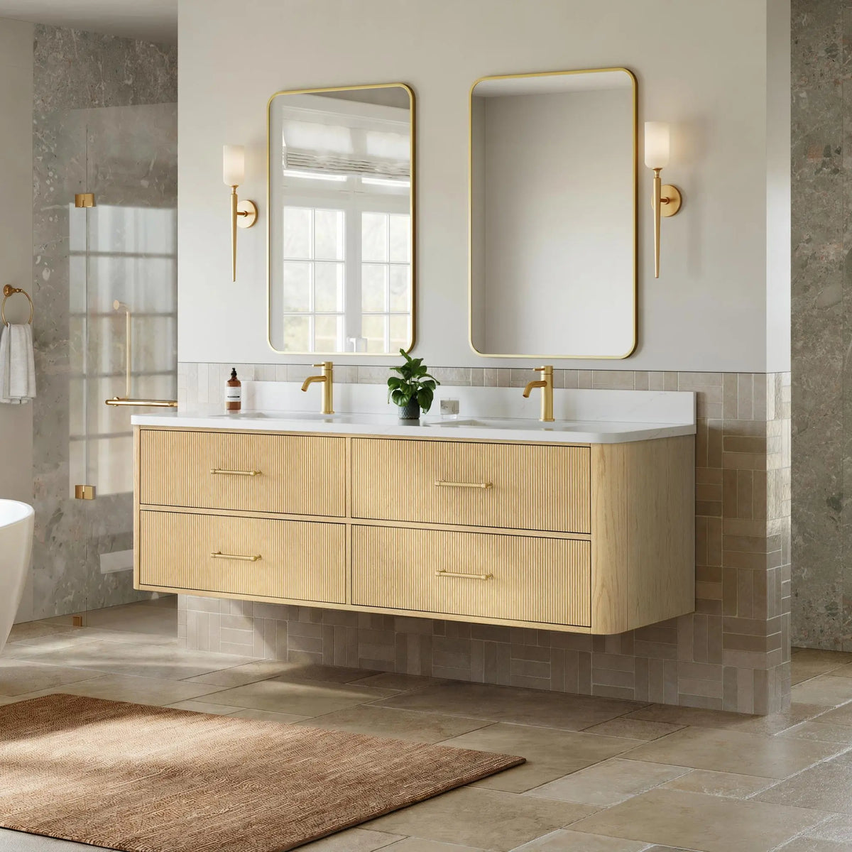 72" Francesca Double Wall Mounted Bathroom Vanity Scandinavian Oak Satin Bronze Trim by wyndham View 2