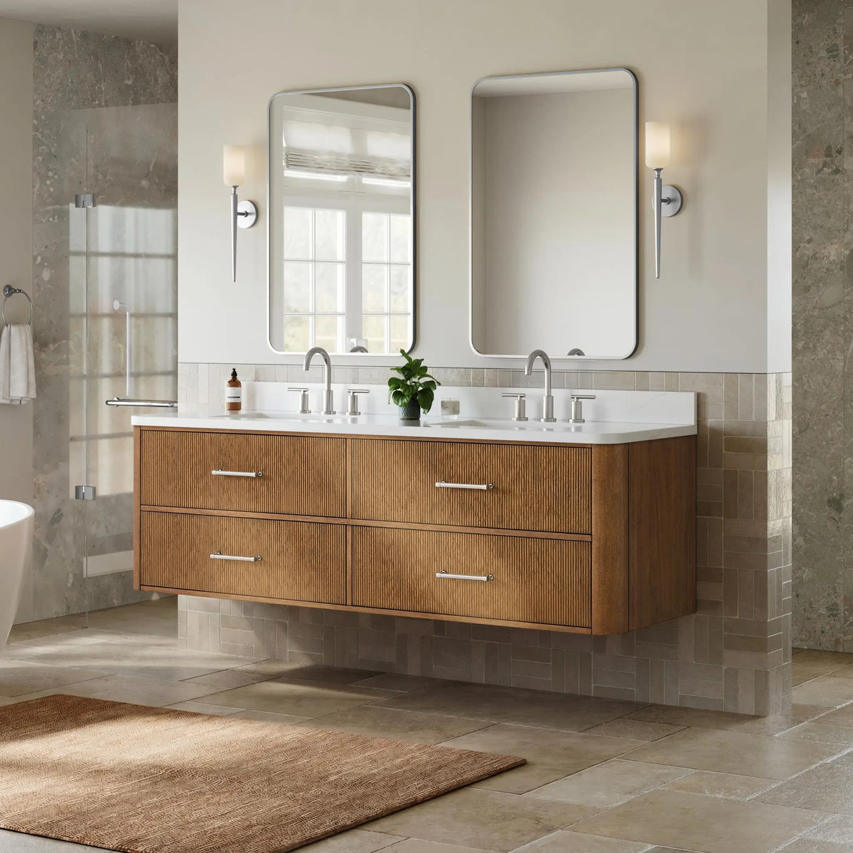72" Francesca Double Wall Mounted Bathroom Vanity Toasted Walnut Brushed Nickel Trim by wyndham View 7