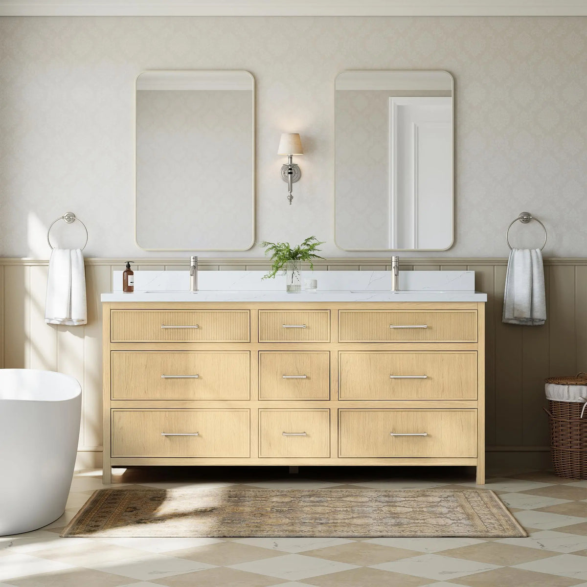 72" Isola Double Bathroom Vanity Scandinavian Oak Brushed Nickel Trim by wyndham View 2