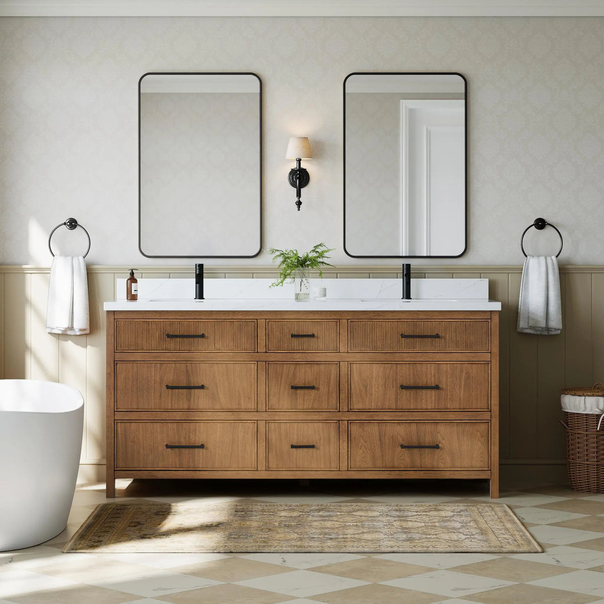 72" Isola Double Bathroom Vanity Toasted Walnut Matte Black Trim by wyndham View 2