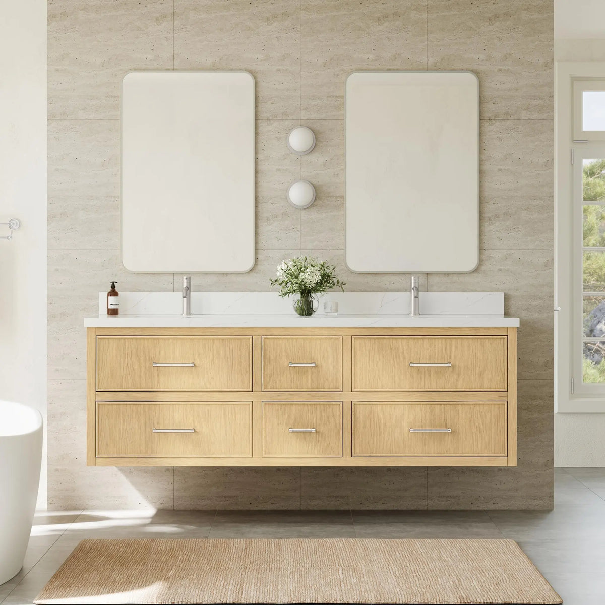 72" Isola Double Wall Mounted Bathroom Vanity Scandinavian Oak Brushed Nickel Trim by wyndham View 2