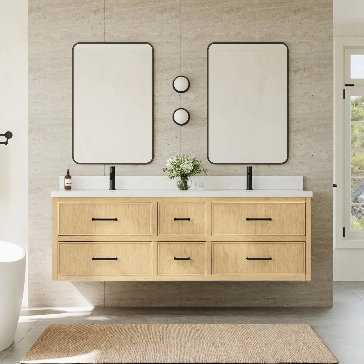 72" Isola Double Wall Mounted Bathroom Vanity Scandinavian Oak Matte Black Trim by wyndham View 2