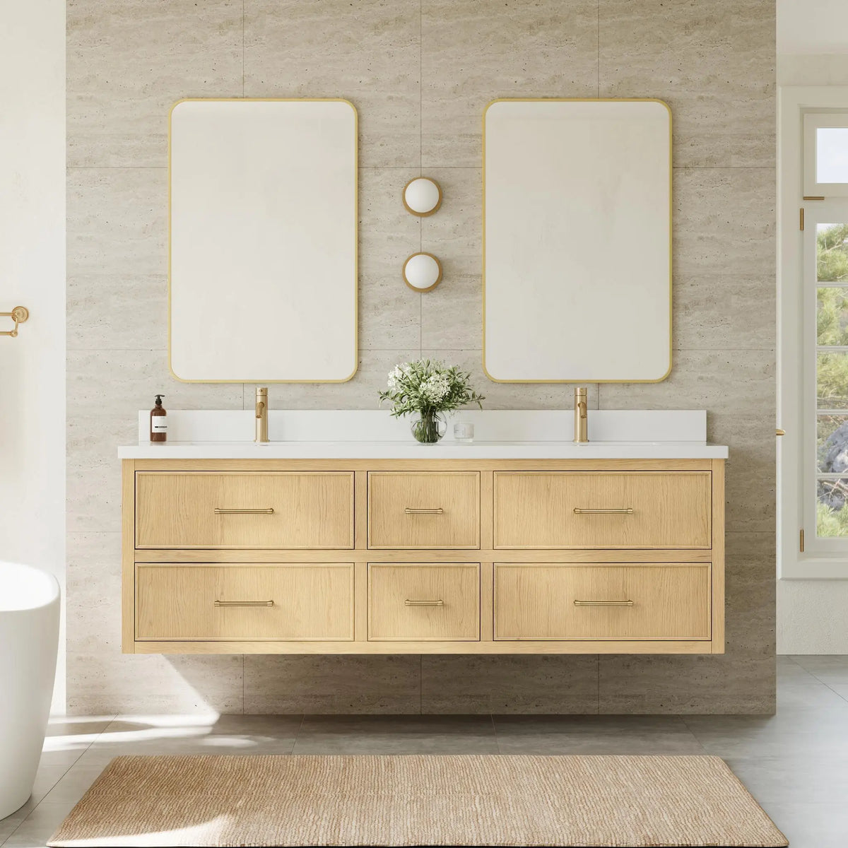 72" Isola Double Wall Mounted Bathroom Vanity Scandinavian Oak Satin Bronze Trim by wyndham View 10