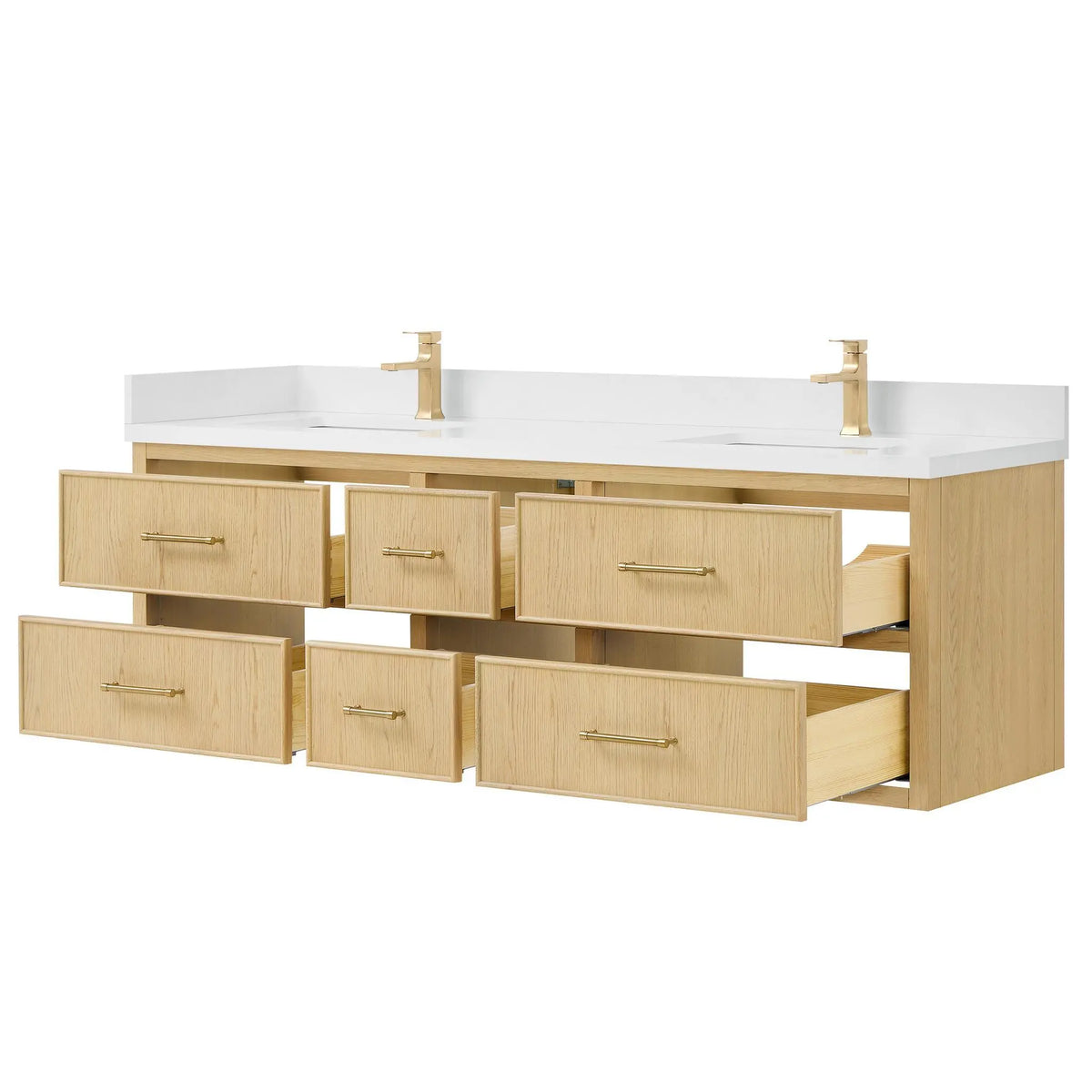 72" Isola Double Wall Mounted Bathroom Vanity Scandinavian Oak Satin Bronze Trim by wyndham View 11