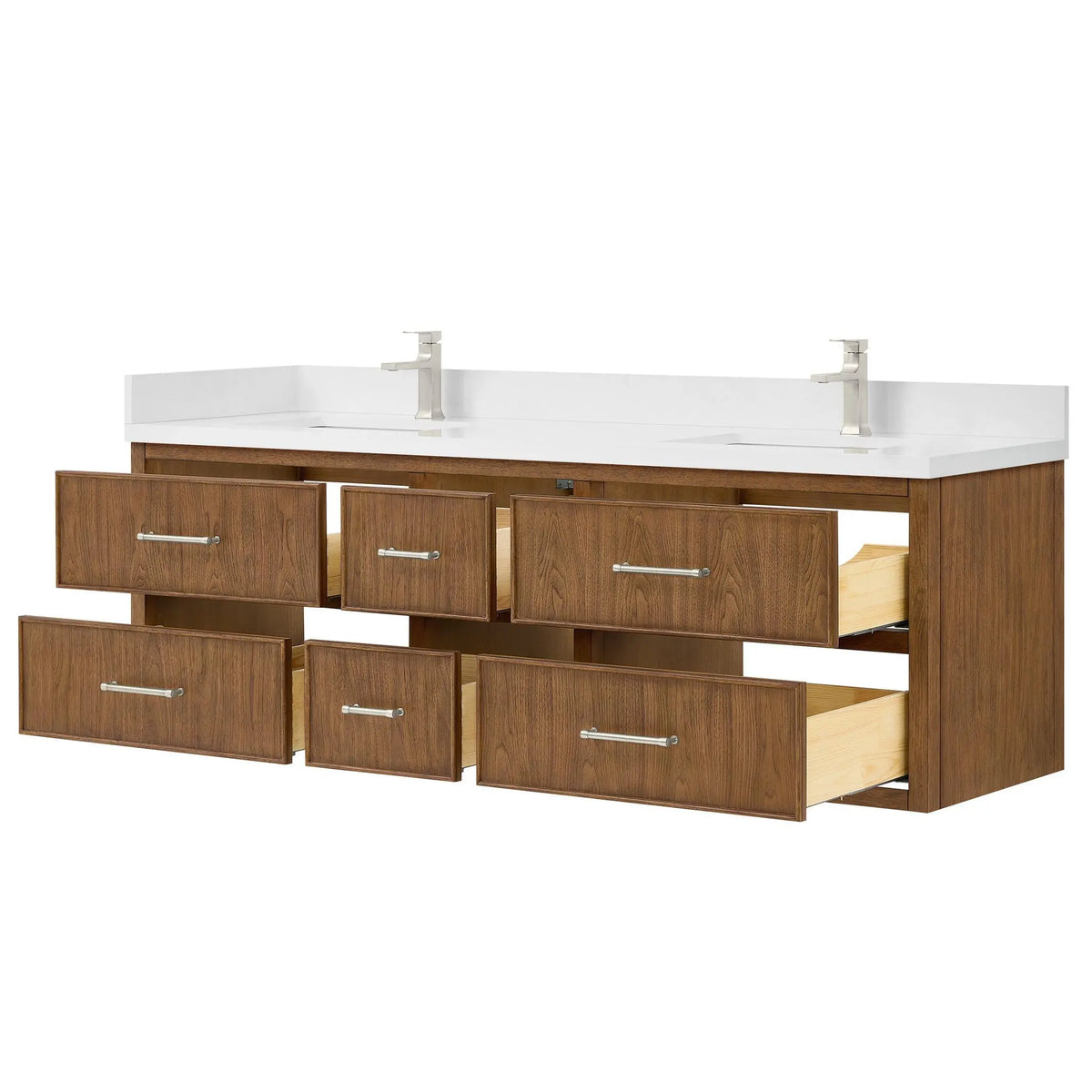 72" Isola Double Wall Mounted Bathroom Vanity Toasted Walnut Brushed Nickel Trim by wyndham View 11