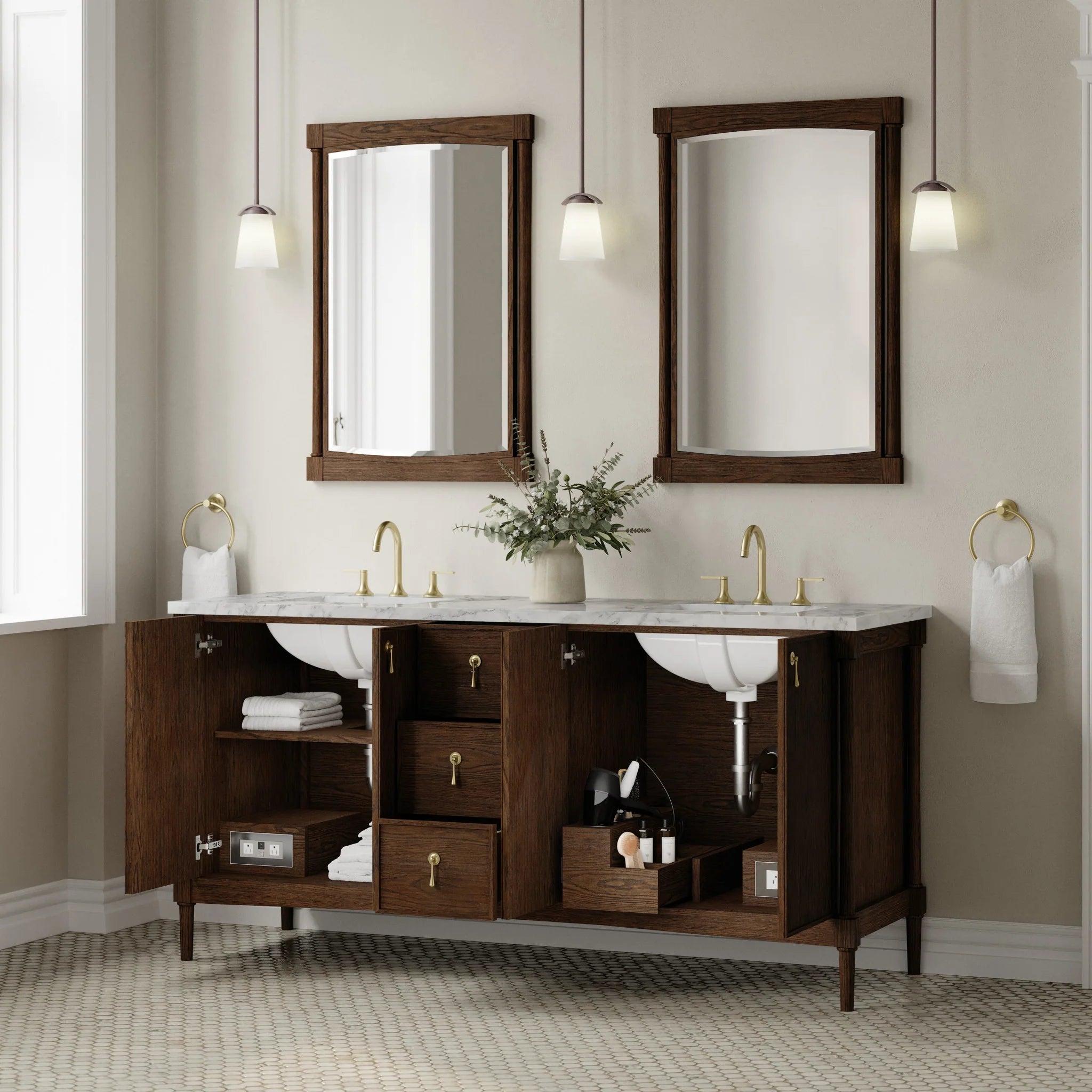 72" Kinnsden Double Vanity in Sable Oak by James Martin Vanities-Carrara White Marble 3