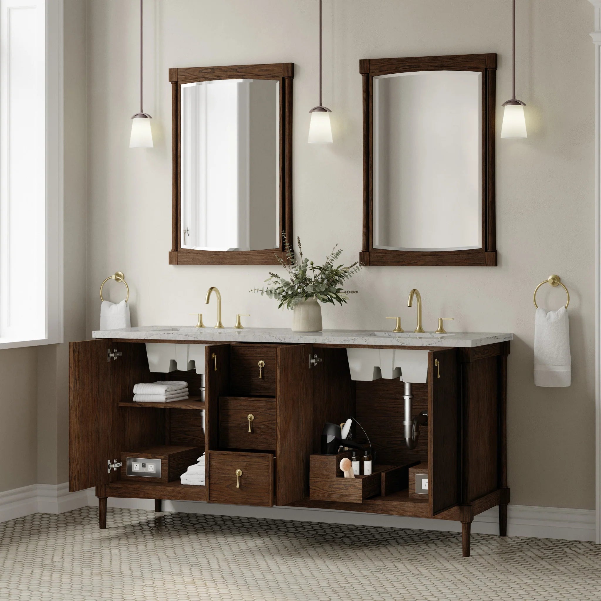 72" Kinnsden Double Vanity in Sable Oak by James Martin Vanities-Eternal Jasmine Pearl Silestone 3