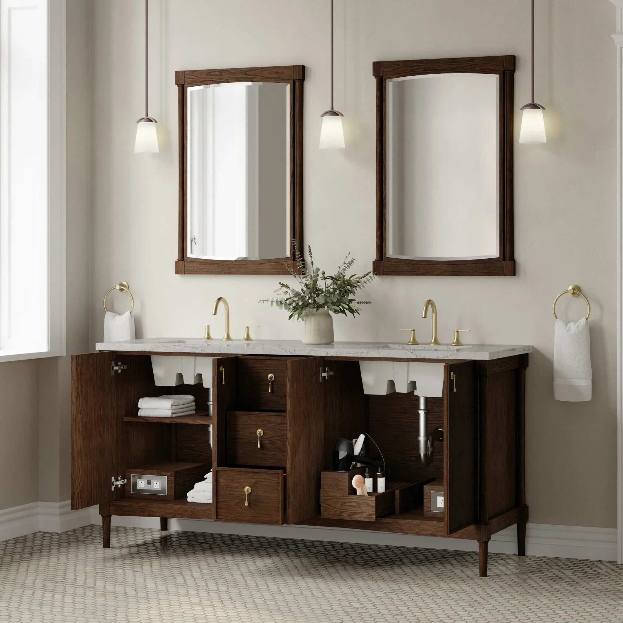 72" Kinnsden Double Vanity in Sable Oak w/FreePower Wireless Charger by James Martin Vanities-Eternal Jasmine Pearl Silestone 3