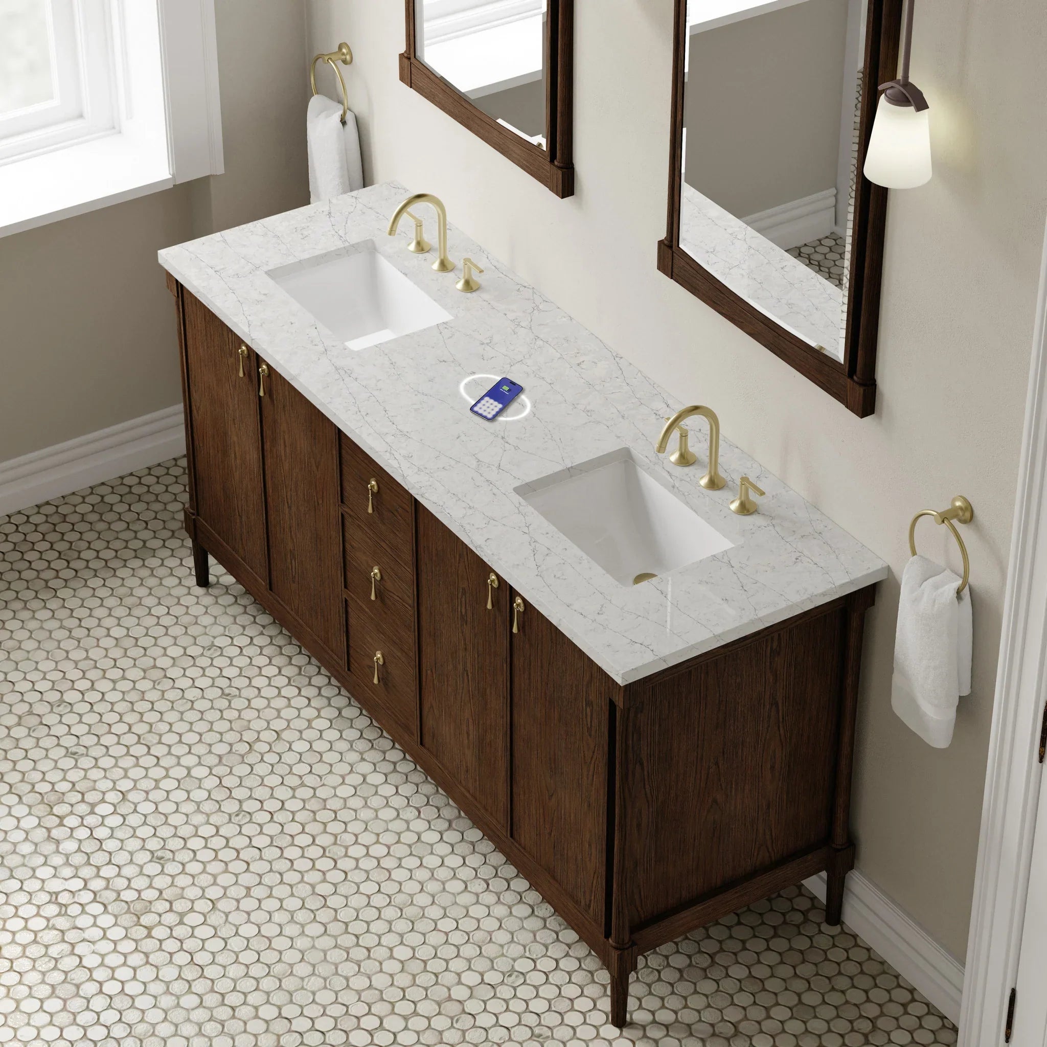 72" Kinnsden Double Vanity in Sable Oak w/FreePower Wireless Charger by James Martin Vanities-Eternal Jasmine Pearl Silestone 5