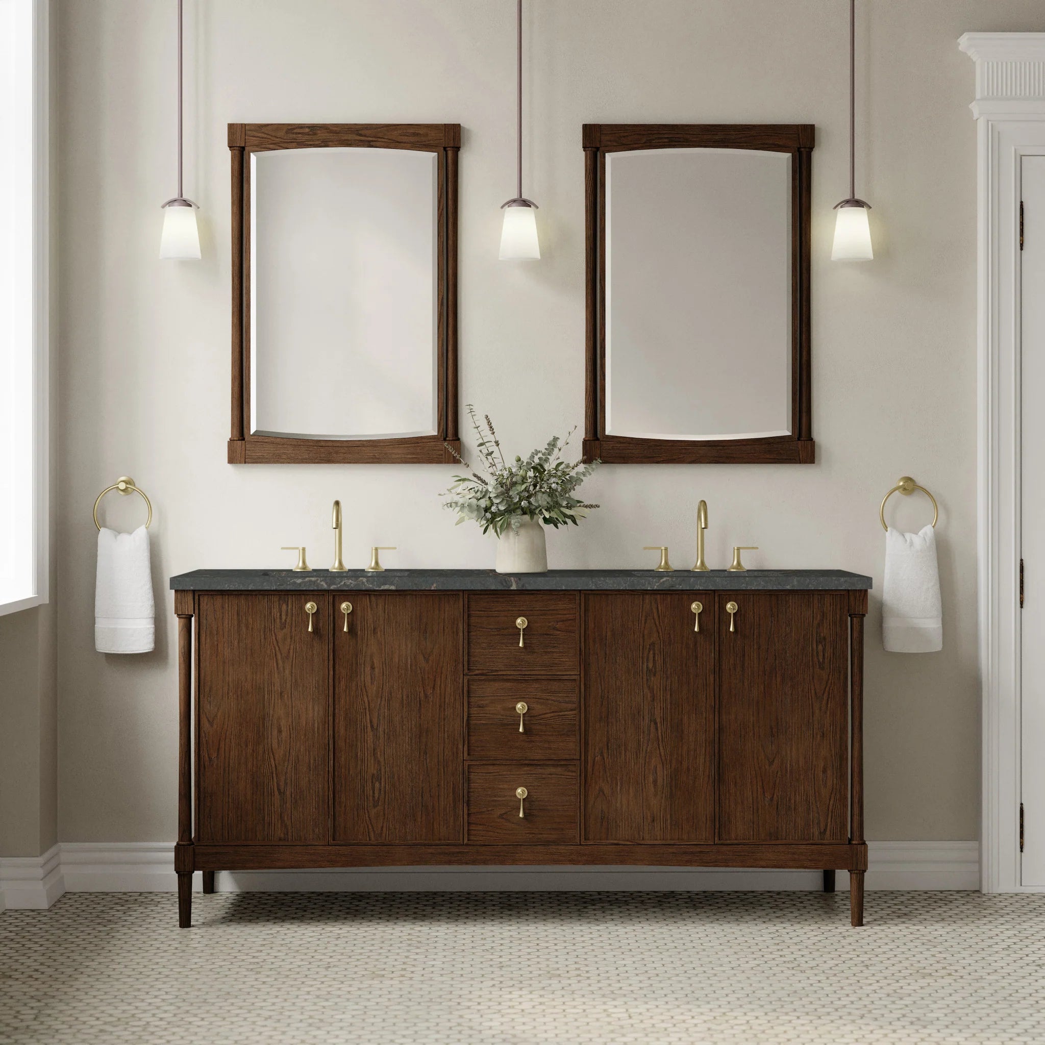 72" Kinnsden Double Vanity in Sable Oak w/FreePower Wireless Charger by James Martin Vanities-Parisien Bleu Silestone 1