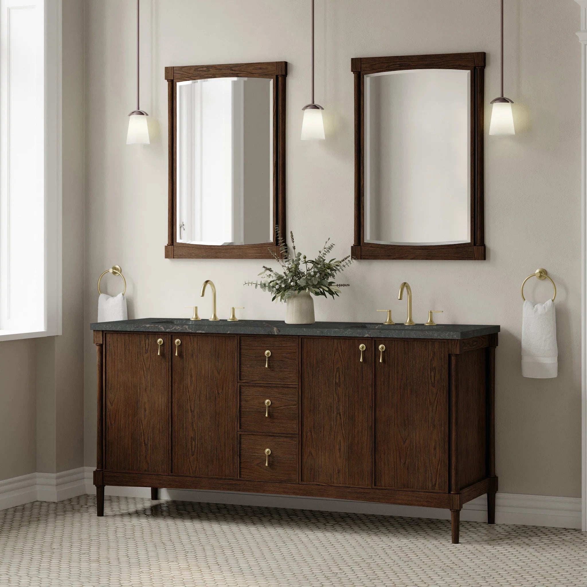 72" Kinnsden Double Vanity in Sable Oak w/FreePower Wireless Charger by James Martin Vanities-Parisien Bleu Silestone 2