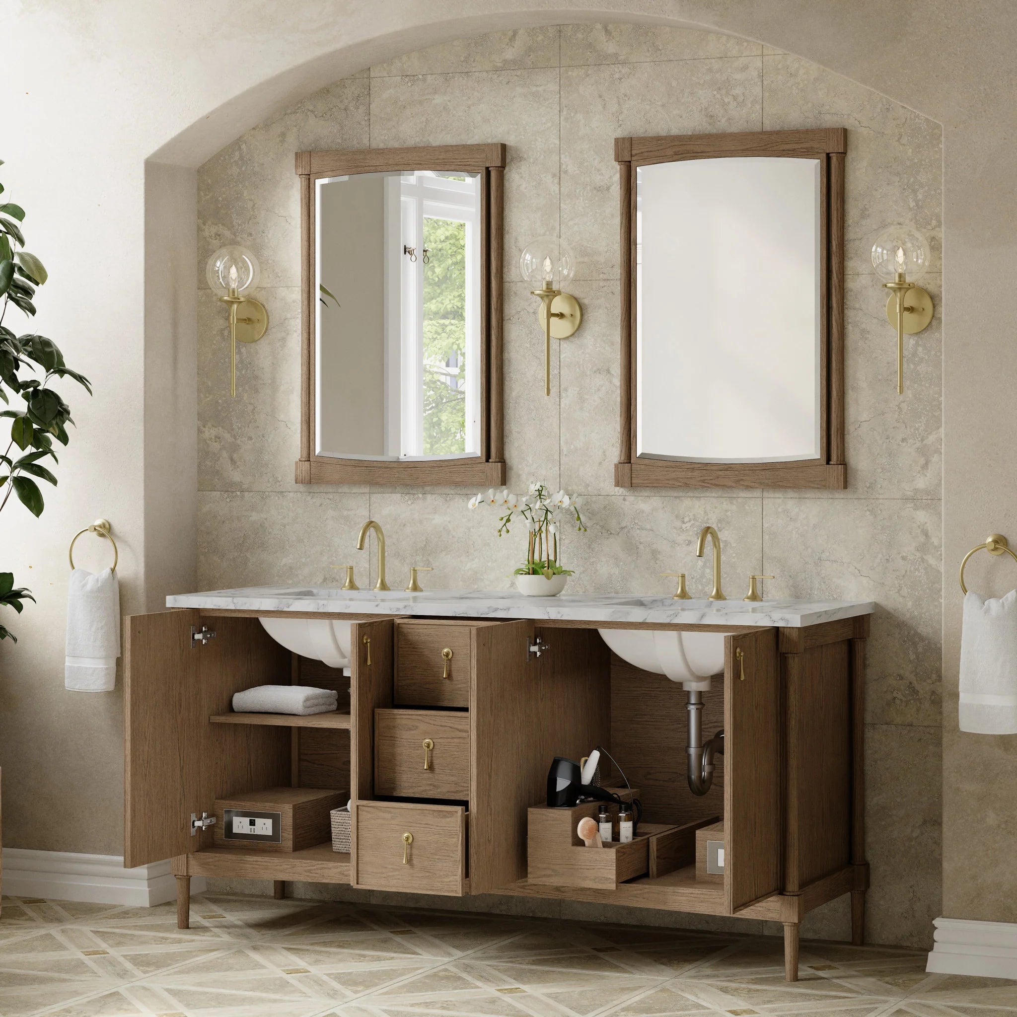 72" Kinnsden Double Vanity in Weathered Oak by James Martin Vanities-Carrara White Marble 3