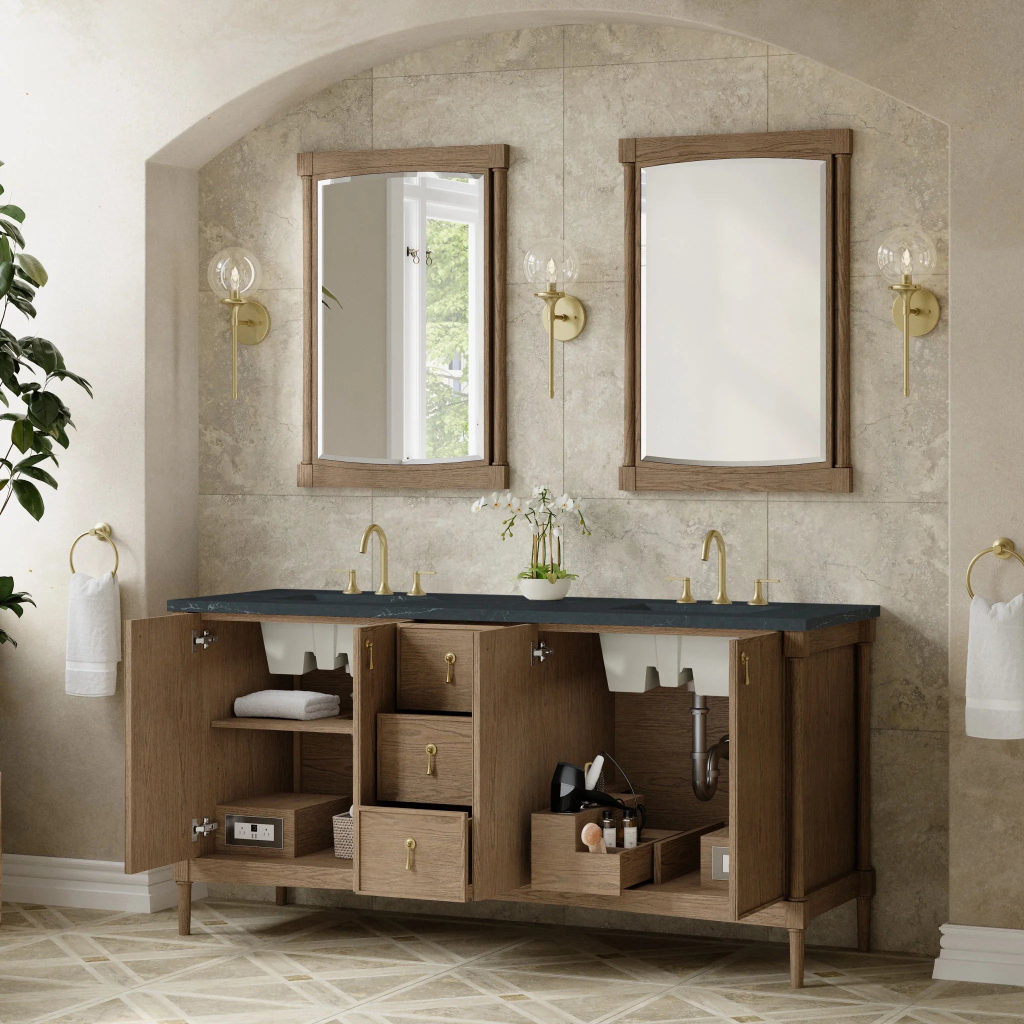 72" Kinnsden Double Vanity in Weathered Oak by James Martin Vanities-Charcoal Soapstone Silestone 3
