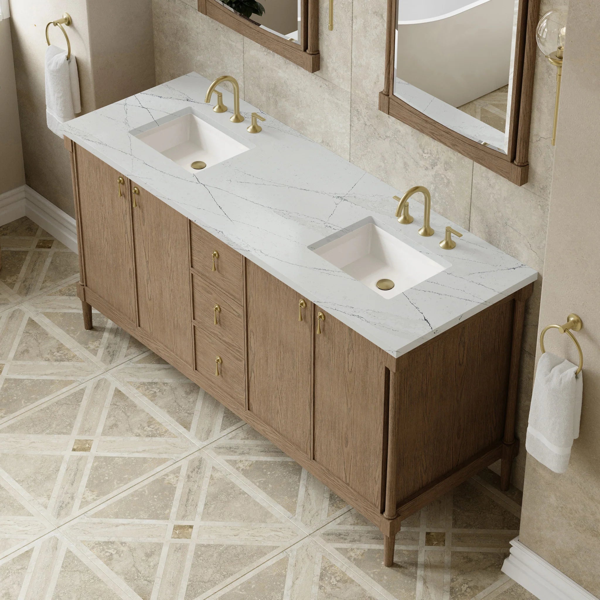 72" Kinnsden Double Vanity in Weathered Oak by James Martin Vanities-Ethereal Noctis Silestone 5