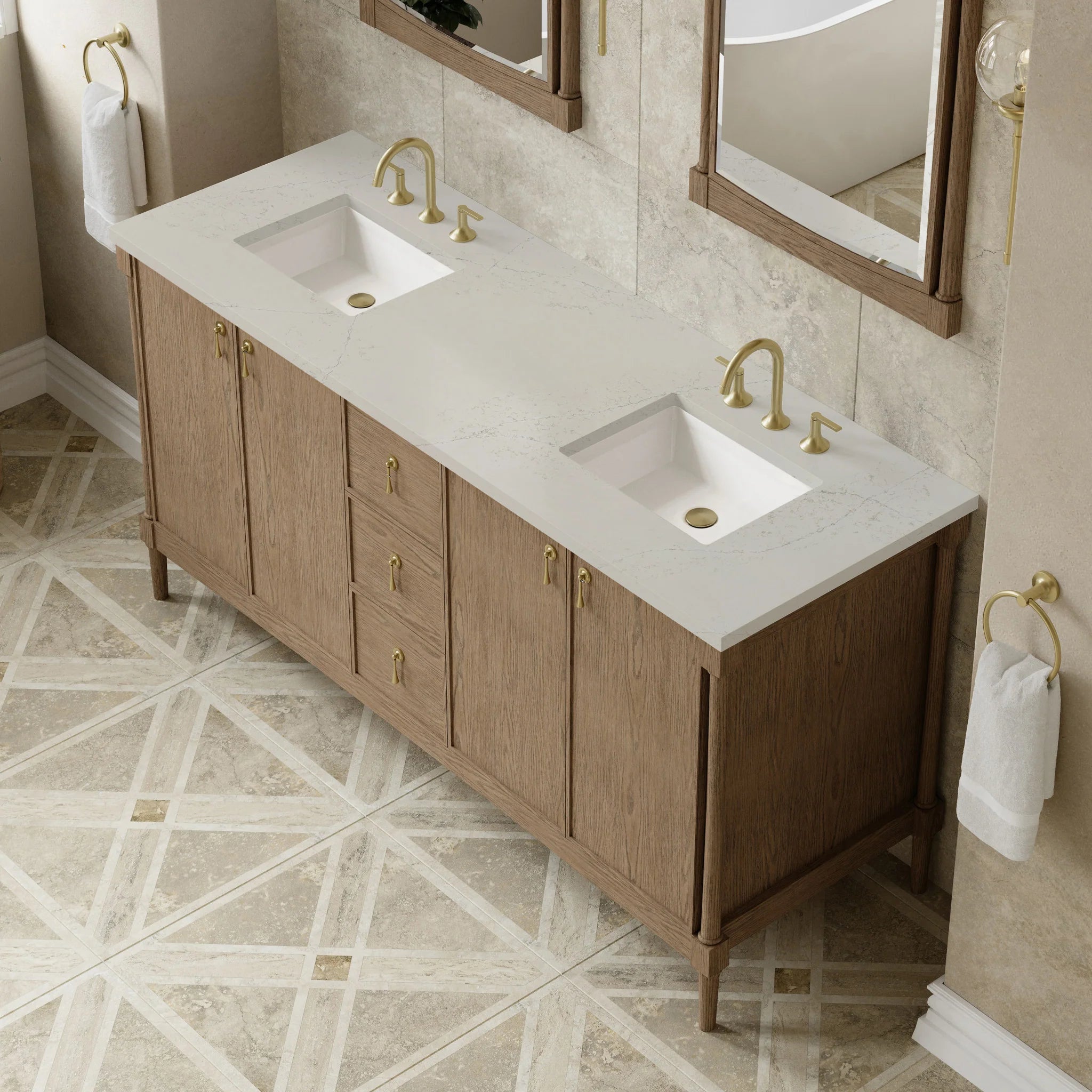 72" Kinnsden Double Vanity in Weathered Oak by James Martin Vanities-Siberian Silestone 5