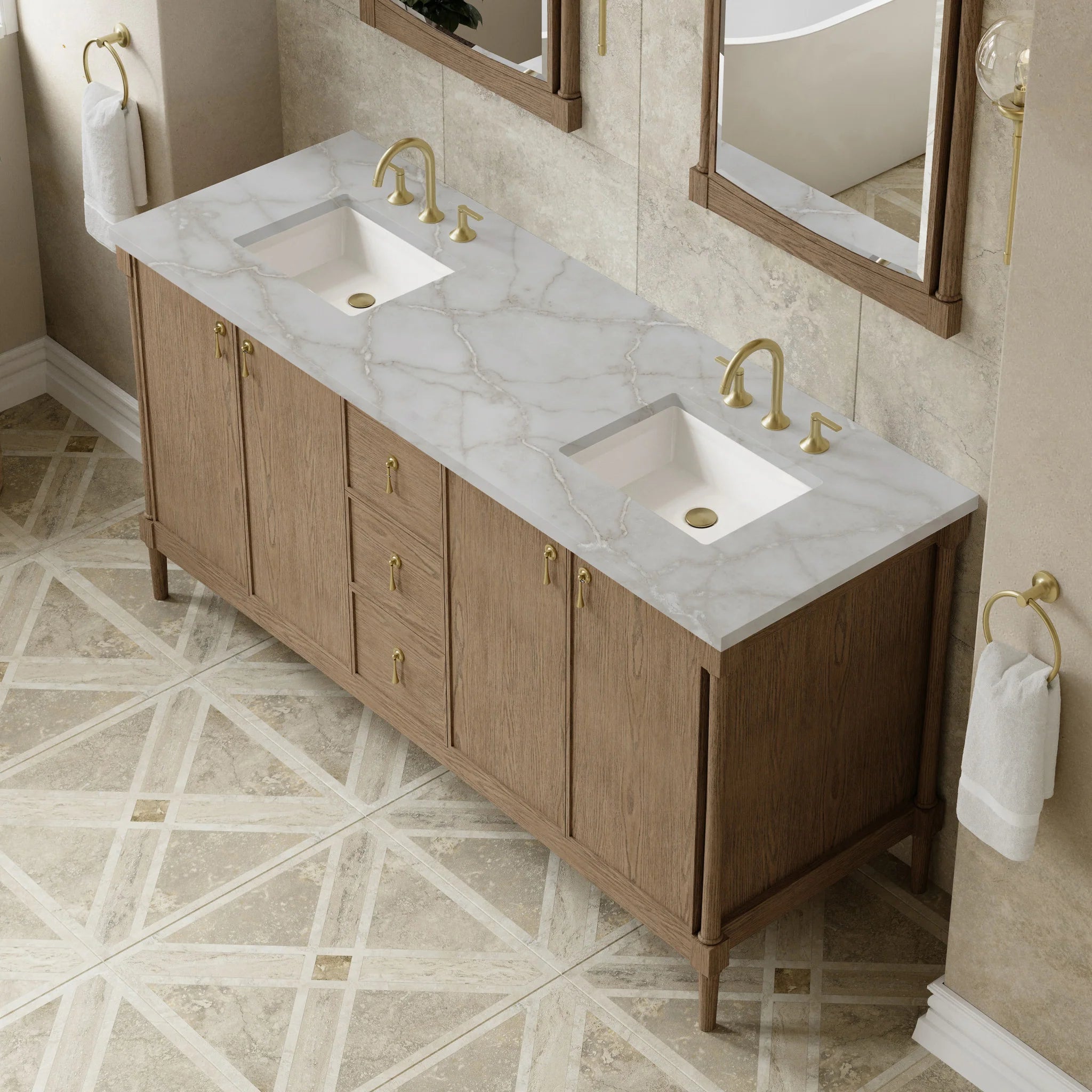 72" Kinnsden Double Vanity in Weathered Oak by James Martin Vanities-Victorian Silver Silestone 5
