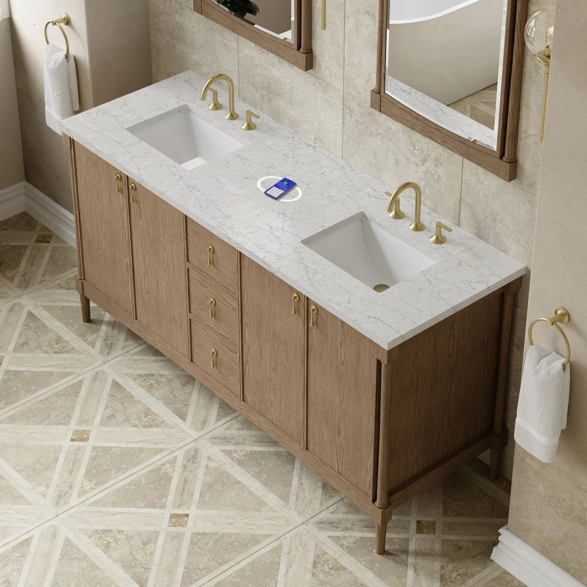 72" Kinnsden Double Vanity in Weathered Oak w/FreePower Wireless Charger by James Martin Vanities-Eternal Jasmine Pearl Silestone 5
