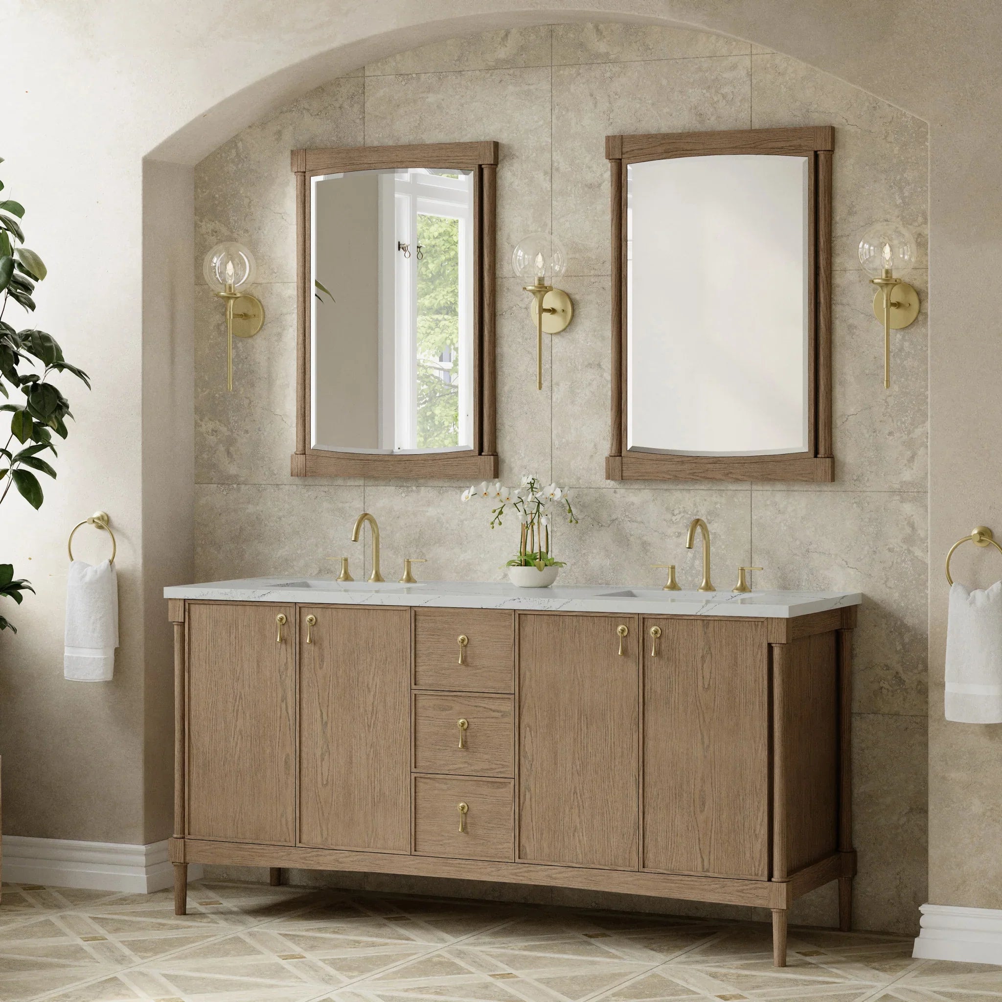 72" Kinnsden Double Vanity in Weathered Oak w/FreePower Wireless Charger by James Martin Vanities-Ethereal Noctis Silestone 2