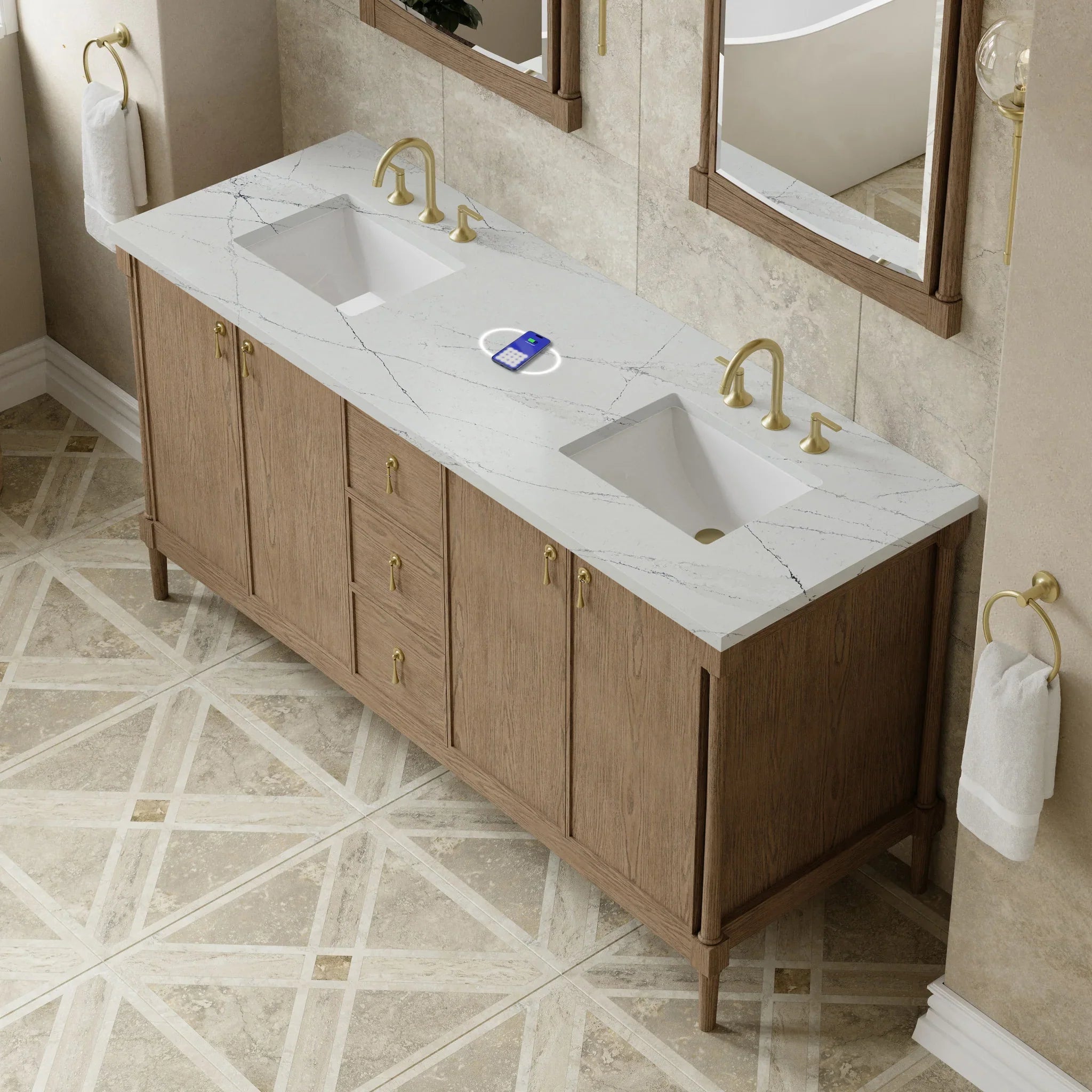 72" Kinnsden Double Vanity in Weathered Oak w/FreePower Wireless Charger by James Martin Vanities-Ethereal Noctis Silestone 5