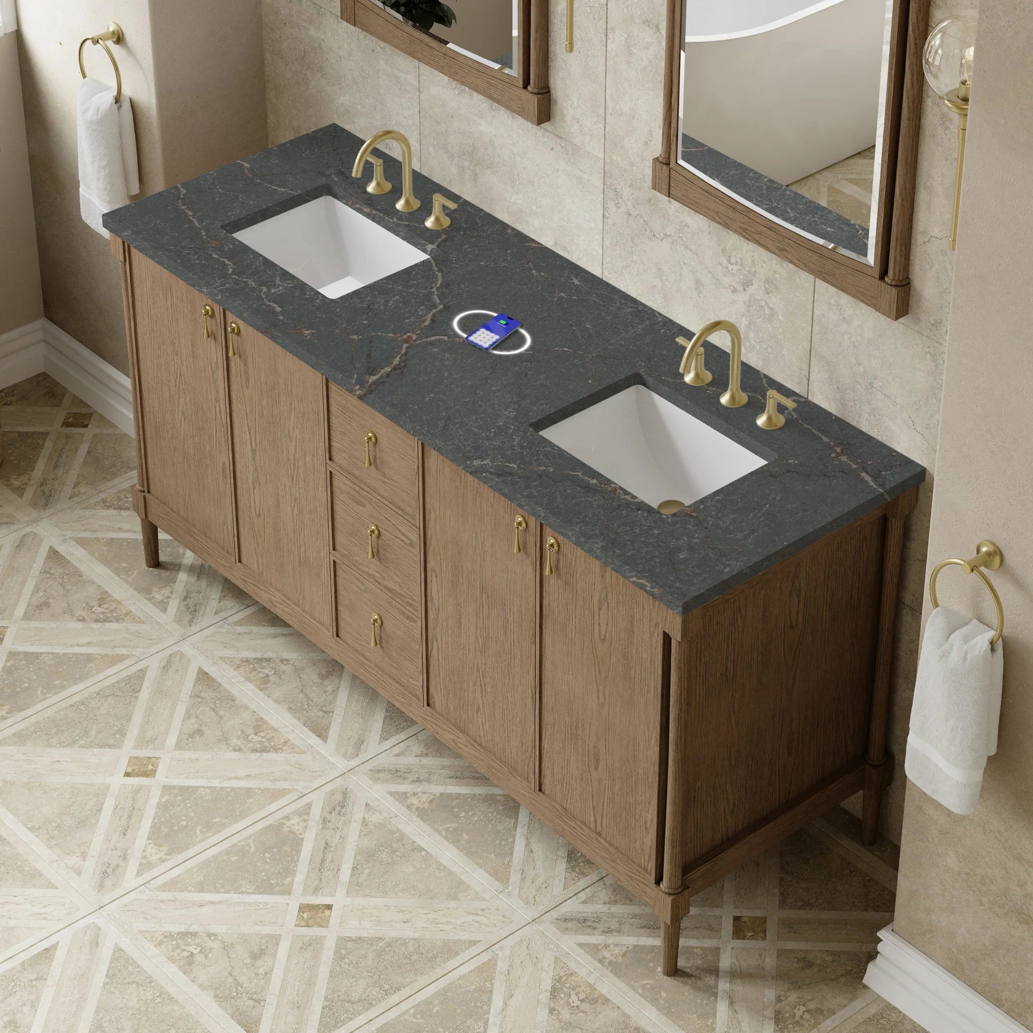 72" Kinnsden Double Vanity in Weathered Oak w/FreePower Wireless Charger by James Martin Vanities-Parisien Bleu Silestone 5