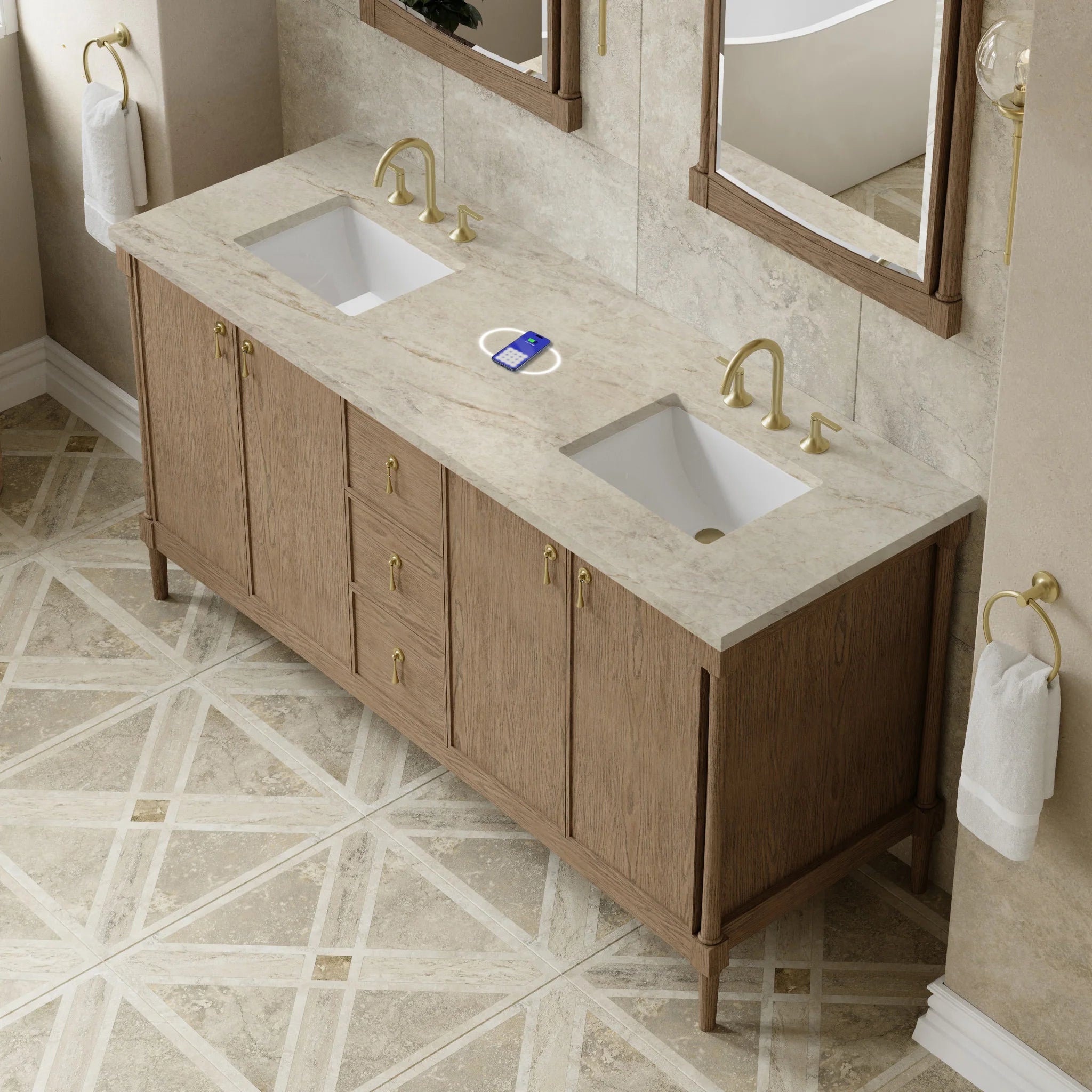 72" Kinnsden Double Vanity in Weathered Oak w/FreePower Wireless Charger by James Martin Vanities-Tajnar Eclos 5