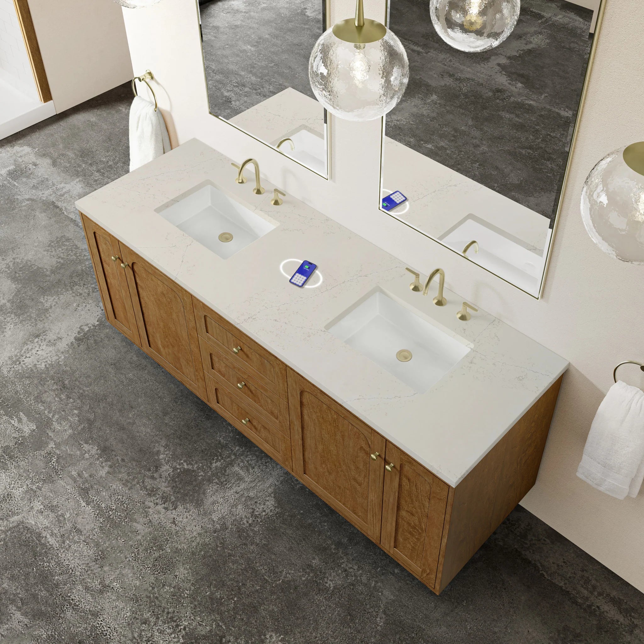72" Laurent Double Vanity in Honey Oak w/FreePower Wireless Charger by James Martin Vanities-Siberian Silestone 9