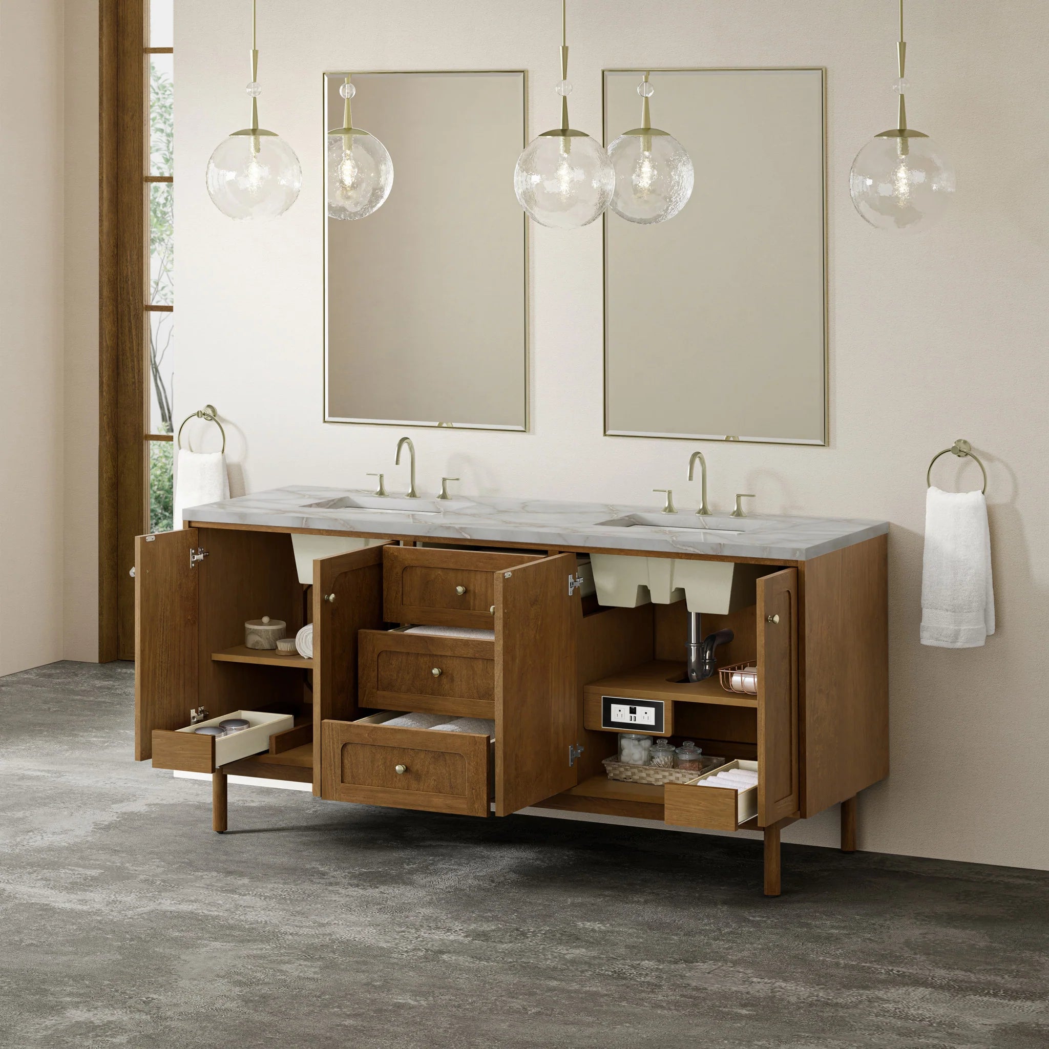 72" Laurent Double Vanity in Honey Oak w/FreePower Wireless Charger by James Martin Vanities-Victorian Silver Silestone 6
